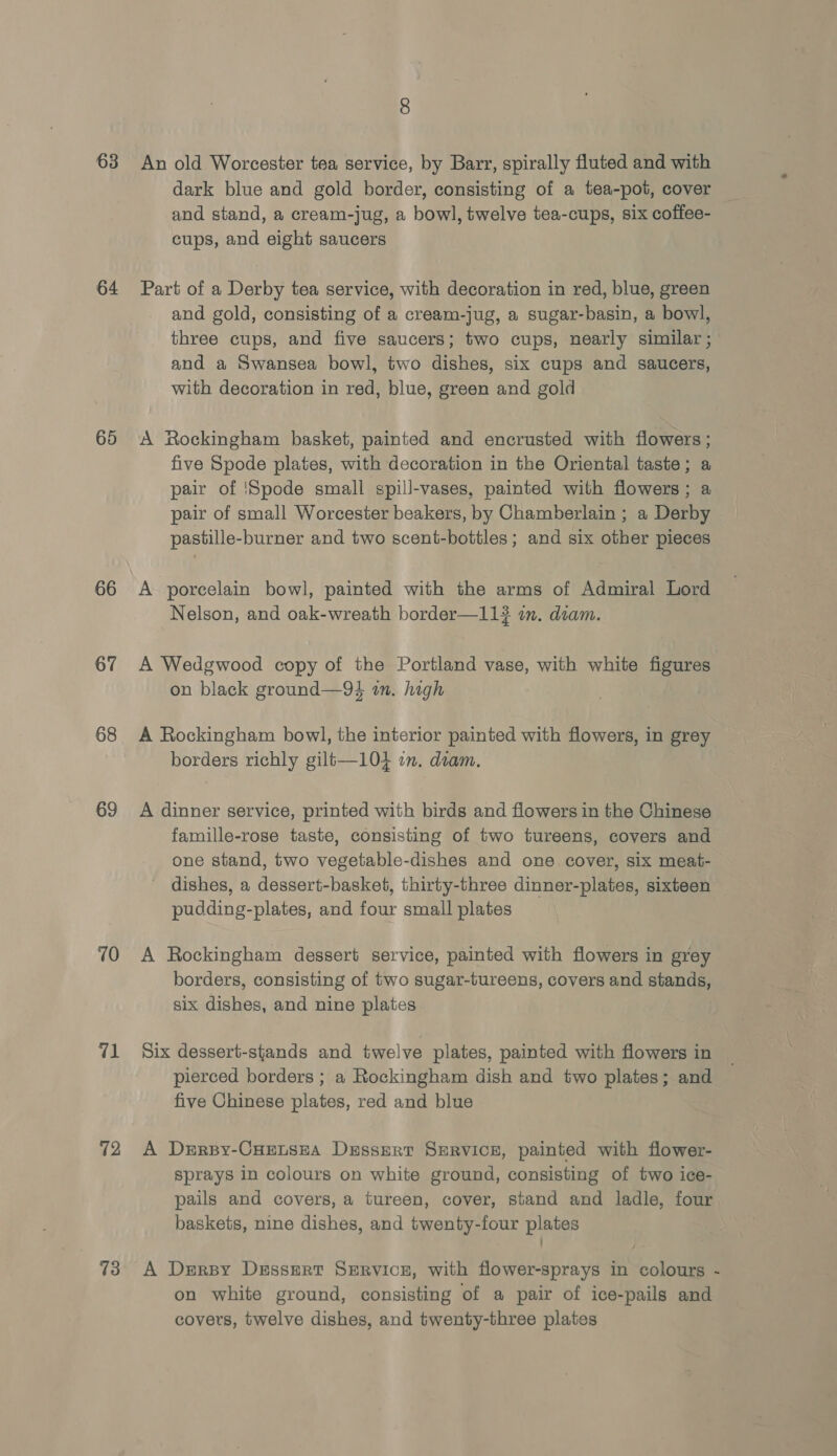 63 64 65 66 67 68 69 10 71 12 7 An old Worcester tea service, by Barr, spirally fluted and with dark blue and gold border, consisting of a tea-pot, cover and stand, a cream-jug, a bowl, twelve tea-cups, six coffee- cups, and eight saucers Part of a Derby tea service, with decoration in red, blue, green and gold, consisting of a cream-jug, a sugar-basin, a bowl, three cups, and five saucers; two cups, nearly similar ; and a Swansea bowl, two dishes, six cups and saucers, with decoration in red, blue, green and gold A Rockingham basket, painted and encrusted with flowers; five Spode plates, with decoration in the Oriental taste; a pair of ‘Spode small spill-vases, painted with flowers; a pair of small Worcester beakers, by Chamberlain ; a Derby pastille-burner and two scent-bottles ; and six other pieces A porcelain bowl, painted with the arms of Admiral Lord Nelson, and oak-wreath border—114# in. diam. A Wedgwood copy of the Portland vase, with white figures on black ground—94 an. high A Rockingham bowl, the interior painted with flowers, in grey borders richly gilt—104 1m. diam. A dinner service, printed with birds and flowers in the Chinese famille-rose taste, consisting of two tureens, covers and one stand, two vegetable-dishes and one cover, six meat- dishes, a dessert-basket, thirty-three dinner-plates, sixteen pudding-plates, and four small plates A Rockingham dessert service, painted with flowers in grey borders, consisting of two sugar-tureens, covers and stands, six dishes, and nine plates Six dessert-sjands and twelve plates, painted with flowers in pierced borders ; a Rockingham dish and two plates; and five Chinese plates, red and blue A Derrpy-CHELSEA Dessert SERVICE, painted with flower- sprays in colours on white ground, consisting of two ice- pails and covers, a tureen, cover, stand and ladle, four baskets, nine dishes, and twenty-four plates A Derspy Dessert SerRvicz, with flower-sprays in colours - on white ground, consisting of a pair of ice-pails and covers, twelve dishes, and twenty-three plates