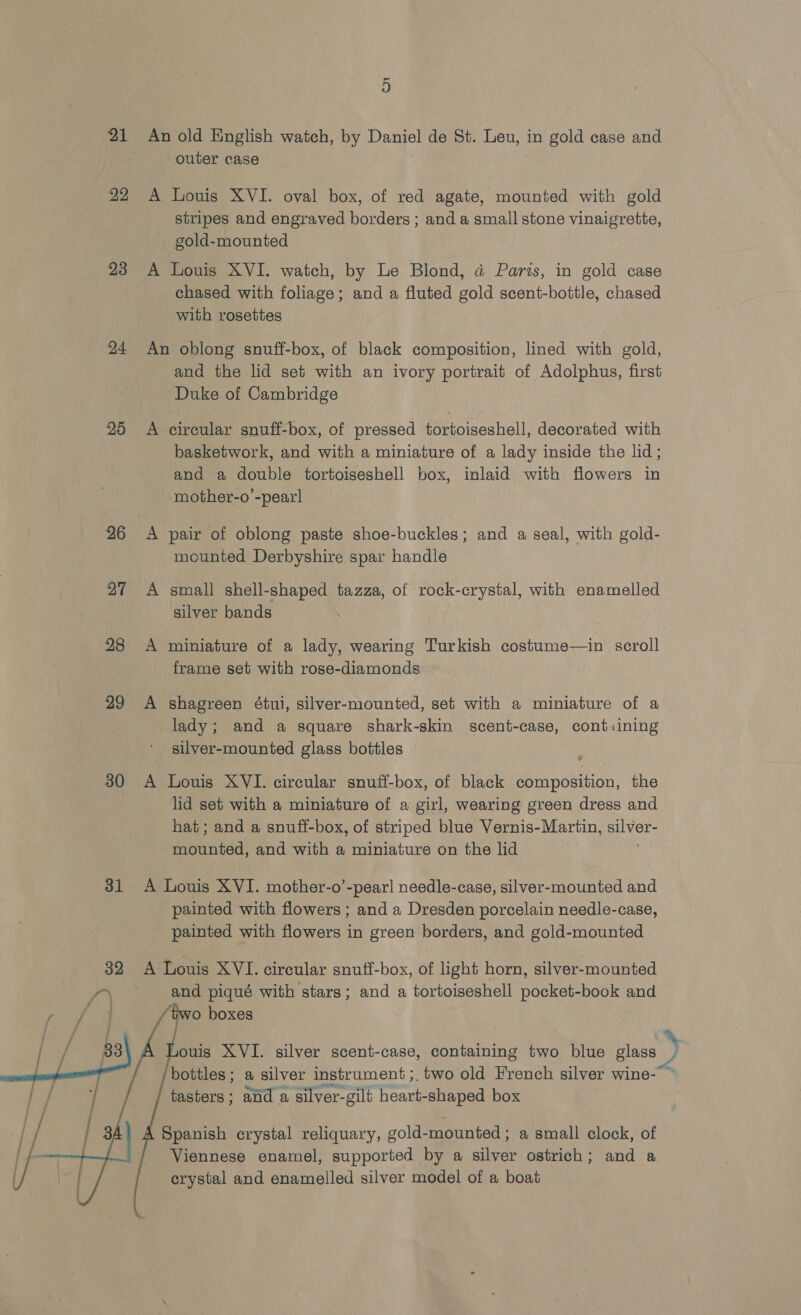 22 23 24 25 26 27 28 29 30 31  An old English watch, by Daniel de St. Leu, in gold case and outer case A Louis XVI. oval box, of red agate, mounted with gold stripes and engraved borders ; and a small stone vinaigrette, gold-mounted A Louis XVI. watch, by Le Blond, a Paris, in gold case chased with foliage; and a fluted gold scent-bottle, chased with rosettes An oblong snuff-box, of black composition, lined with gold, and the lid set with an ivory portrait of Adolphus, first Duke of Cambridge A circular snuff-box, of pressed tortoiseshell, decorated with basketwork, and with a miniature of a lady inside the lid; and a double tortoiseshell box, inlaid with flowers in mother-o’-pearl A pair of oblong paste shoe-buckles; and a seal, with gold- mounted Derbyshire spar handle A small shell-shaped tazza, of rock-crystal, with enamelled silver bands A miniature of a lady, wearing Turkish costume—in scroll frame set with rose-diamonds A shagreen étui, silver-mounted, set with a miniature of a lady; and a square shark-skin scent-case, cont:ining silver-mounted glass bottles A Louis XVI. circular snuff-box, of black composition, the lid set with a miniature of a girl, wearing green dress and hat; and a snuff-box, of striped blue Vernis-Martin, SCR ented: and with a miniature on the lid A Louis XVI. mother-o’-pearl needle-case, silver-mounted and painted with flowers ; and a Dresden porcelain needle-case, painted with flowers in green borders, and gold-mounted A Louis XVI. circular snuff-box, of light horn, silver-mounted and piqué with stars; and a tortoiseshell pocket-book and two boxes ouis XVI. silver scent-case, containing two blue glass bottles; a silver instrument ;. two old French silver wine-'” tasters; and a silver- gilt heart-shaped box Spanish crystal reliquary, gold-mounted ; a small clock, of Viennese enamel, supported by a silver ostrich; and a crystal and enamelled silver model of a boat
