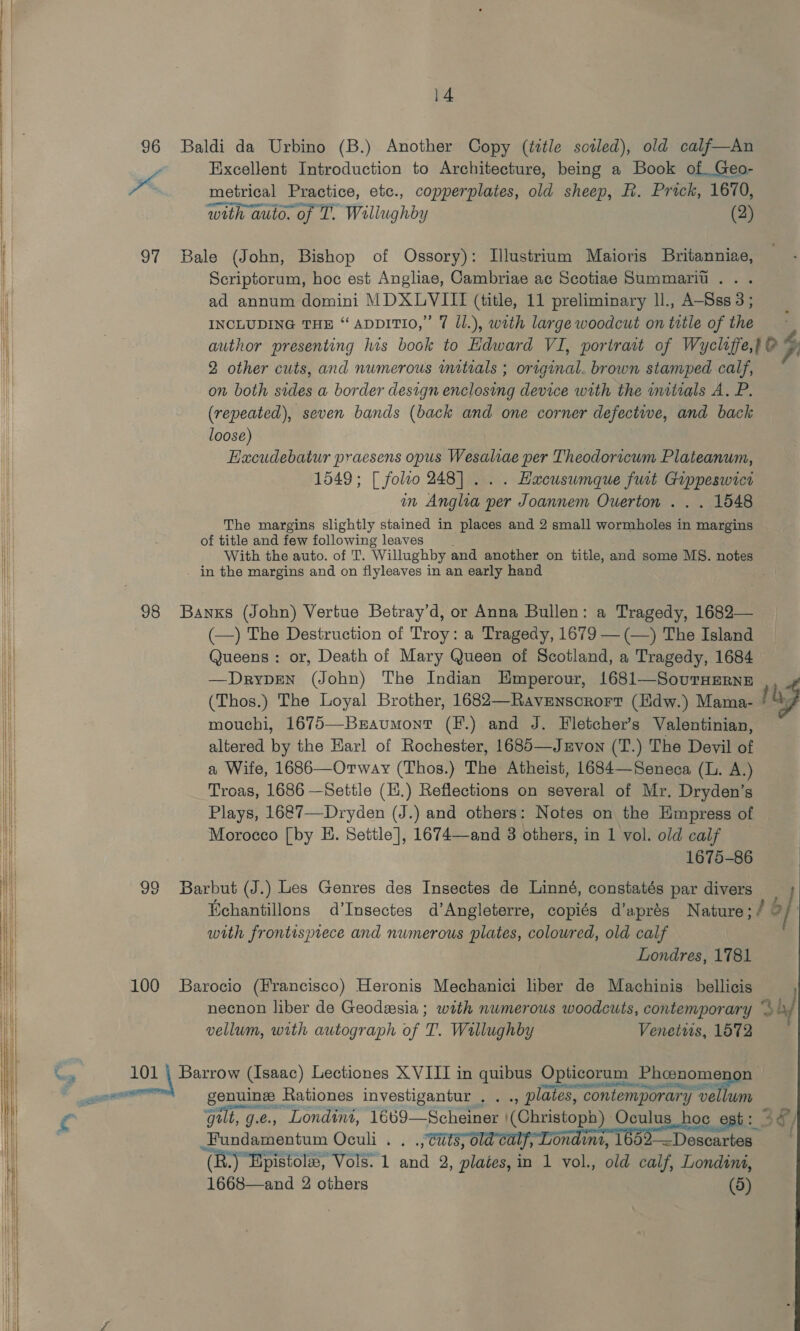     ? 14 96 Baldi da Urbino (B.) Another Copy (tstle soled), old calf—An Excellent Introduction to Architecture, being a Book of Geo- ~*~ metrical Practice, etc., copperplates, old sheep, R. Prick, 1670, wrth auto. of T. Willughby (2) 97 Bale (John, Bishop of Ossory): Illustrium Maioris Britanniae, Scriptorum, hoc est Angliae, Cambriae ac Scotiae Summarit.. . ad annum domini MDXLVIITI (title, 11 preliminary ll., A-Sss 3; INCLUDING THE “ ADDITIO,” 7 Jl.), wath large woodcut on title of the author presenting his book to Edward VI, portrait of Wycliffe, @ 4 2 other cuts, and numerous initials ; original. brown stamped calf, on both sides a border design enclosing device with the initials A. P. (repeated), seven bands (back and one corner defective, and back loose) Eacudebatur praesens opus Wesaliae per Theodoricum Plateanum, 1549; [ folio 248] . . . Hacusumque furt Gippeswicr in Anglia per Joannem Ouerton .. . 1548 The margins slightly stained in places and 2 small wormholes in margins of title and few following leaves With the auto. of T. Willughby and another on title, and some MS. notes in the margins and on flyleaves in an early hand 98 Banxs (John) Vertue Betray’d, or Anna Bullen: a Tragedy, 1682— (—) The Destruction of Troy: a Tragedy, 1679 — (—) The Island Queens: or, Death of Mary Queen of Scotland, a Tragedy, 1684 —Drypen (John) The Indian Hmperour, 1681—SourHEerne (Thos.) The Loyal Brother, 1682—Ravenscrort (Hdw.) Mama- the mouchi, 1675—Braumont (F.) and J. Fletcher’s Valentinian, altered by the Earl of Rochester, 1685—Jmvon (T.) The Devil of a Wife, 1686—Otway (Thos.) The Atheist, 1684—Seneca (L. A.) Troas, 1686 —Settle (E.) Reflections on several of Mr. Dryden’s Plays, 1687—Dryden (J.) and others: Notes on the Empress of Morocco [by E. Settle], 1674—and 3 others, in 1 vol. old calf 1675-86 99 Barbut (J.) Les Genres des Insectes de Linné, constatés par divers —; Wchantillons d’Insectes d’Angleterre, copiés d’aprés Nature; / 5 / with frontisprece and numerous plates, coloured, old calf Londres, 1781 100 SBarocio (Francisco) Heronis Mechanici liber de Machinis bellicis necnon liber de Geodesia ; with numerous woodcuts, contemporary S4f vellum, with autograph of T. Wallughby Venetwis, 1572 101 | Barrow (Isaac) Lectiones XVIII in quibus Opticorum Phcnomenon . . . . eR ee ee EI genuine Rationes investigantur . . ., plates, contemporary vellum ASS gut, g.e., Londint, 1669—Scheiner |(Christoph) Oculus hoc est: 947) Fundamentum Oculi.. Puts SUP tay Dene TO Donte “(By Bpistolss, Vols: 1 and 2, plates, in 1 vol., old calf, Londini,