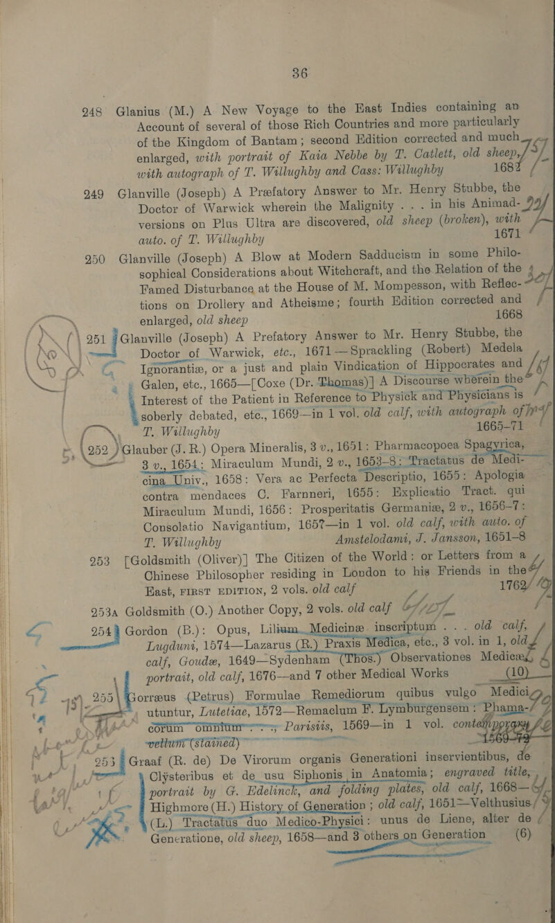  56. 048 Glanius (M.) A New Voyage to the Hast Indies containing an Aecount of several of those Rich Countries and more particularly of the Kingdom of Bantam; second Edition corrected and much enlarged, with portrait of Kata Nebbe by T. Catlett, old sheep,// $ &amp; with autograph of T. Willughby and Cass: Wallughby 1682 949 Glanville (Joseph) A Prefatory Answer to Mr. Henry Stubbe, the versions on Plus Ultra are discovered, old sheep (broken), with auto. of T. Waliughby 950 Glanville (Joseph) A Blow at Modern Sadducism in some Philo- sophieal Considerations about Witchcraft, and the Relation of the ¢ / Famed Disturbance at the House of M. Mompesson, with Reflec- °C tions on Drollery and Atheisme; fourth Edition corrected and / \ enlarged, old sheep . 1668 /\ \ 951 7Glanville (Joseph) A Prefatory Answer to Mr. Henry Stubbe, the      (0. \ wees Doctor_ of Warwick, etc., 1671 —Sprackling (Robert) Medela ‘Gane Ge Ignorantie, or a just and plain Vindication of Hippocrates and / if See _ » Galen, etc., 1665—[Coxe (Dr. Thomas)] A Discourse wherein the p . Interest of the Patient in Reference to Physick and Physicians is soberly debated, etc., 1669—in 1 vol. old calf, with autograph of 4 TaN T. Willughby 1665-71 _ / 252 ) Glauber (J. R.) Opera Mineralis, 3 v., 1651: Pharmacopoea Spee \—= 3 v., 1654: Miraculum Mundi, 2 v., 1653-8: Tractatus de edi- q cacao ak : cina_Uniy., 1658: Vera ac Perfecta Descriptio, 1655: Apologia ~ contra mendaces C. Farnneri, 1655: Explicatio Tract. qui Miraculum Mundi, 1656: Prosperitatis Germania, 2 v., 1656-7: Congolatio Navigantium, 165?—in 1 vol. old calf, woth aatto. of T. Willughby Amstelodami, J. Jansson, 1651-8 — 253 [Goldsmith (Oliver)] The Citizen of the World: or Letters from a Chinese Philosopher residing in London to his Friends in the it Bast, FIRST EDITION, 2 vols. old calf / eA if _ 953a Goldsmith (O.) Another Copy, 2 vols. old calf Yi. ; | “ai 254% Gordon (B.): Opus, Lilivaa—Medioing, insexiptuyt .. . old “calf, i Lugduni, 1074 Lavarus Cie) Seer Oh etc., 3 vol. in 1, oldf ,; calf, Goudxe, 1649—Sydenham 08.) Observationes Medic £ portrait, old calf, 1676—and 7 other Medical Works CES Se -  utuntur, Lutetiae, 1572—Remaclum F. Lymburgensem “Phame-7 9 Pe | corti Omnium rs Parisits, 1569—in 1 vol. contempor | im wellunt (Stained) as ! brid i 253 = Graaf (R. de) De Virorum organis Generationi inservientibus, de Hy | vw | je Clysteribus et de usu Siphonis in Anatomia; engraved title, | Fr ‘A f portrart by G. Edelinck, and folding plates, old calf, 1868— &amp;, | er | a Highmore (H.) History of Generation ; old calf, 1651—Velthusius yi tH See YQ!) ‘Tractatis duo Medico-Physici: unus de Liene, alter de : “ Generatione, old sheep, 1658—and 8 others_on Generation (6)