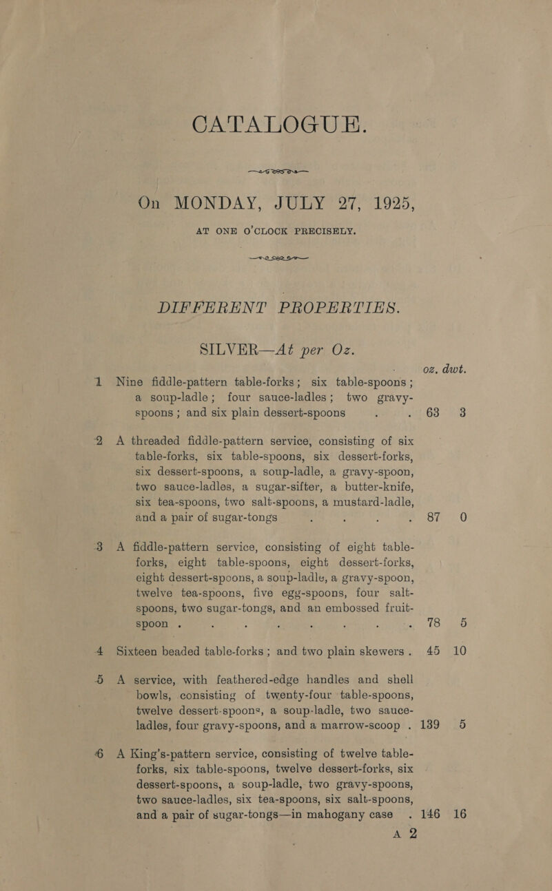 CATALOGUE. —~°-G 2S OS Om MONDAY, JULY 27, 1925, AT ONE O'CLOCK PRECISELY.  DIFFERENT PROPERTIES. SILVER—Azé per Oz. oz, dwt. Nine fiddle-pattern table-forks; six table-spoons ; a soup-ladle; four sauce-ladles; two gravy- spoons ; and six plain dessert-spoons etd GS 7 ete A threaded fiddle-pattern service, consisting of six table-forks, six table-spoons, six dessert-forks, six dessert-spoons, a soup-ladle, a gravy-spoon, two sauce-ladles, a sugar-sifter, a butter-knife, six tea-spoons, two salt-spoons, a mustard-ladle, and a pair of sugar-tongs ; : Perce eke, O A fiddle-pattern service, consisting of eight table- forks, eight table-spoons, eight dessert-forks, eight dessert-spoons, a soup-ladle, a gravy-spoon, twelve tea-spoons, five egg-spoons, four salt- spoons, two sugar-tongs, and an embossed fruit- spoon . : , bee (Oe Sixteen beaded table-forks ; and two plain skewers. 45 10 A service, with feathered-edge handles and shell bowls, consisting of twenty-four table-spoons, twelve dessert-spoons, a soup-ladle, two sauce- ladles, four gravy-spoons, and a marrow-scoop . 139 5 A King’s-pattern service, consisting of twelve table- forks, six table-spoons, twelve dessert-forks, six dessert-spoons, a soup-ladle, two gravy-spoons, two sauce-ladles, six tea-spoons, six salt-spoons, and a pair of sugar-tongs—in mahogany case . 146 16 Aa
