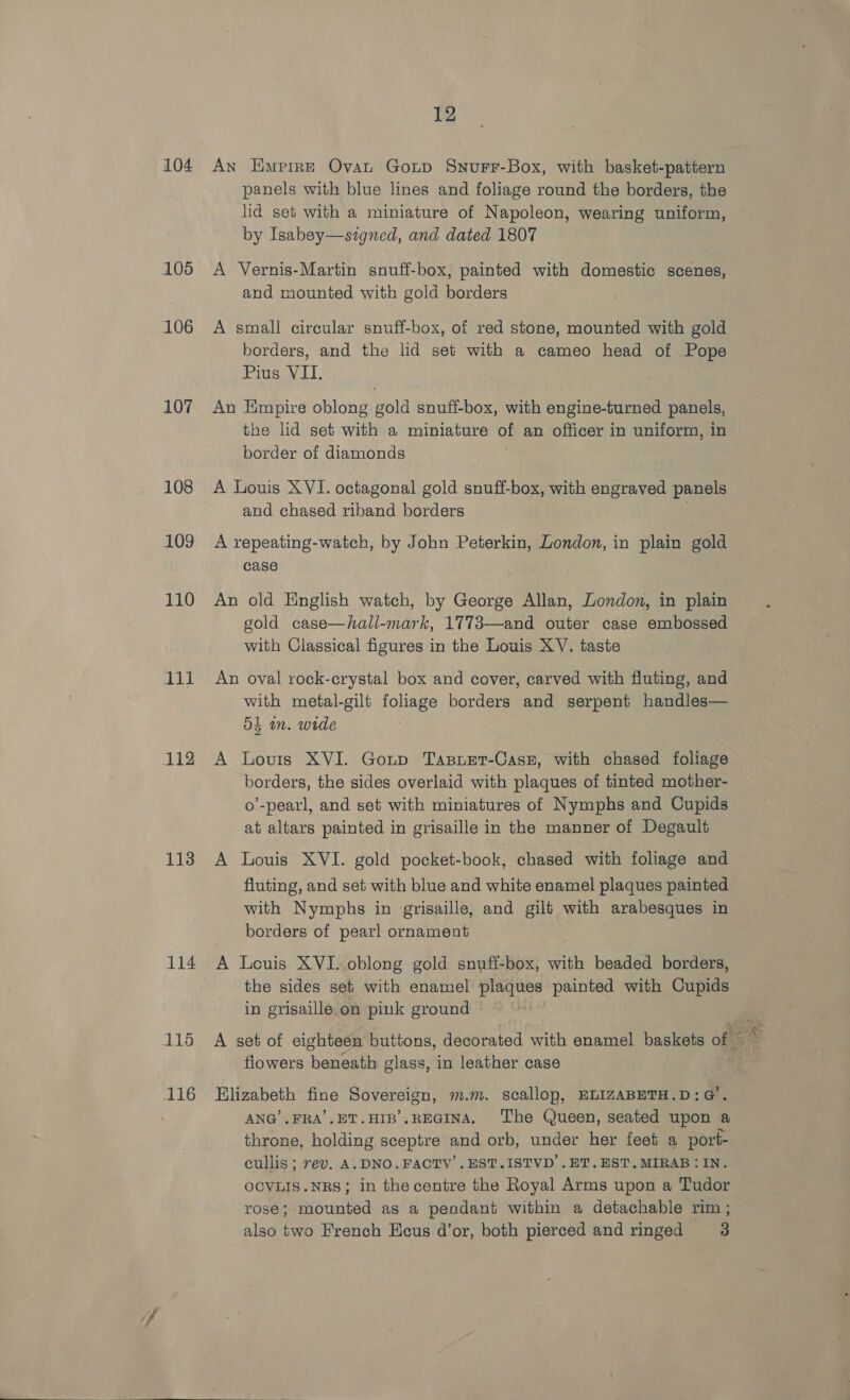 104 105 106 107 108 109 110 111 113 114 115 12 An Emprre Ovan Gonp Snurr-Box, with basket-pattern panels with blue lines and foliage round the borders, the lid set with a miniature of Napoleon, wearing uniform, by Isabey—szgned, and dated 1807 A Vernis-Martin snuff-box, painted with domestic scenes, and mounted with gold borders A small circular snuff-box, of red stone, mounted with gold borders, and the lid set with a cameo head of Pope Pius VII, An Empire oblong gold snuff-box, with engine-turned panels, the lid set with a miniature of an officer in uniform, in border of diamonds A Louis XVI. octagonal gold snuff-box, with engraved panels and chased riband borders A repeating-watch, by John Peterkin, London, in plain gold case An old English watch, by George Allan, London, in plain gold case—hall-mark, 1773—and outer case embossed with Classical figures in the Louis XV. taste An oval rock-crystal box and cover, carved with fluting, and with metal-gilt foliage borders and serpent handles— os in. wide A Louis XVI. Gonrp Tasiet-Casz, with chased foliage borders, the sides overlaid with plaques of tinted mother- o’-pearl, and set with miniatures of Nymphs and Cupids at altars painted in grisaille in the manner of Degault A Louis XVI. gold pocket-book, chased with foliage and fluting, and set with blue and white enamel plaques painted with Nymphs in grisaille, and gilt with arabesques in borders of pearl ornament A Louis XVI. oblong gold snuff-box, with beaded borders, the sides set with enamel hore painted with Cupids in grisaille on pink ground © © — A set of eighteen buttons, favotated with enamel baskets of | flowers beneath glass, in leather case Elizabeth fine Sovereign, m.m. scallop, ELIZABETH.D:G’. ANG’, FRA’.ET.HIB’,REGINA. The Queen, seated upon a throne, holding sceptre and orb, under her feet a port- cullis ; rev. A.DNO.FACTV’.EST.ISTVD’.ET.EST,.MIRAB:IN. OCVLIS.NRS; in the centre the Royal Arms upon a Tudor rose; mounted as a pendant within a detachable rim; also two French Kcus d'or, both pierced and ringed 3