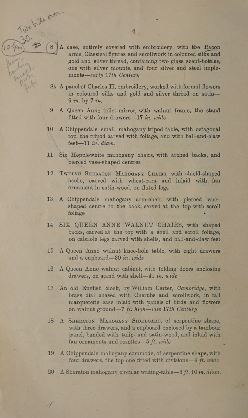 ; 8A 10 11 12 13 14 15 16 Ly 18 19 20 4 arms, Classical figures and scrollwork in coloured silks and gold and silver thread, containing two glass scent-bottles, one with silver mounts, and four silver and steel imple- ments—early 17th Century A panel of Charles II. embroidery, worked with/formal flowers in coloured silks and gold and silver thread on satin— 9 an. by 7 an. A Queen Anne toilet-mirror, with walnut frame, the stand fitted with four drawers—17 in. wide A Chippendale small mahogany tripod table, with octagonal top, the tripod carved with foliage, and with ball-and-claw feet—11 in. diam. pierced vase-shaped centres Set TWELVE SHERATON Manoaany Cuarrs, with shield-shaped backs, carved with wheat-ears, and inlaid with fan ornament in satin-wood, on fluted legs A Chippendale mahogany arm-chair, with pierced vase- shaped centre to the back, carved at the top with scroll foliage . SIX QUEEN ANNE WALNUT CHAIRS, with shaped backs, carved at the top with a shell and scroll foliage, on cabriole legs carved with shells, and ball-and-claw feet A Queen Anne walnut knee-hole table, with eight drawers and a cupboard—30 in. wide A Queen Anne walnut cabinet, with folding doors enclosing drawers, on stand with shelf—41 in. wide An old English clock, by William Carter, Cambridge, with brass dial chased with Cherubs and scrollwork, in tall marqueterie case inlaid with panels of birds and flowers on walnut ground—7 ft. high—late 17th Century A SHERATON MaAnoGANy SIDEBOARD, of serpentine shape, with three drawers, and a cupboard enclosed by a tambour panel, banded with tulip- and satin-wood, and inlaid with fan ornaments and rosettes—6 ft, wide A Chippendale mahogany commode, of serpentine shape, with four drawers, the top one fitted with divisions—4 ft. wide A Sheraton mahogany circular writing-table—3 ft. 10 am. diam.
