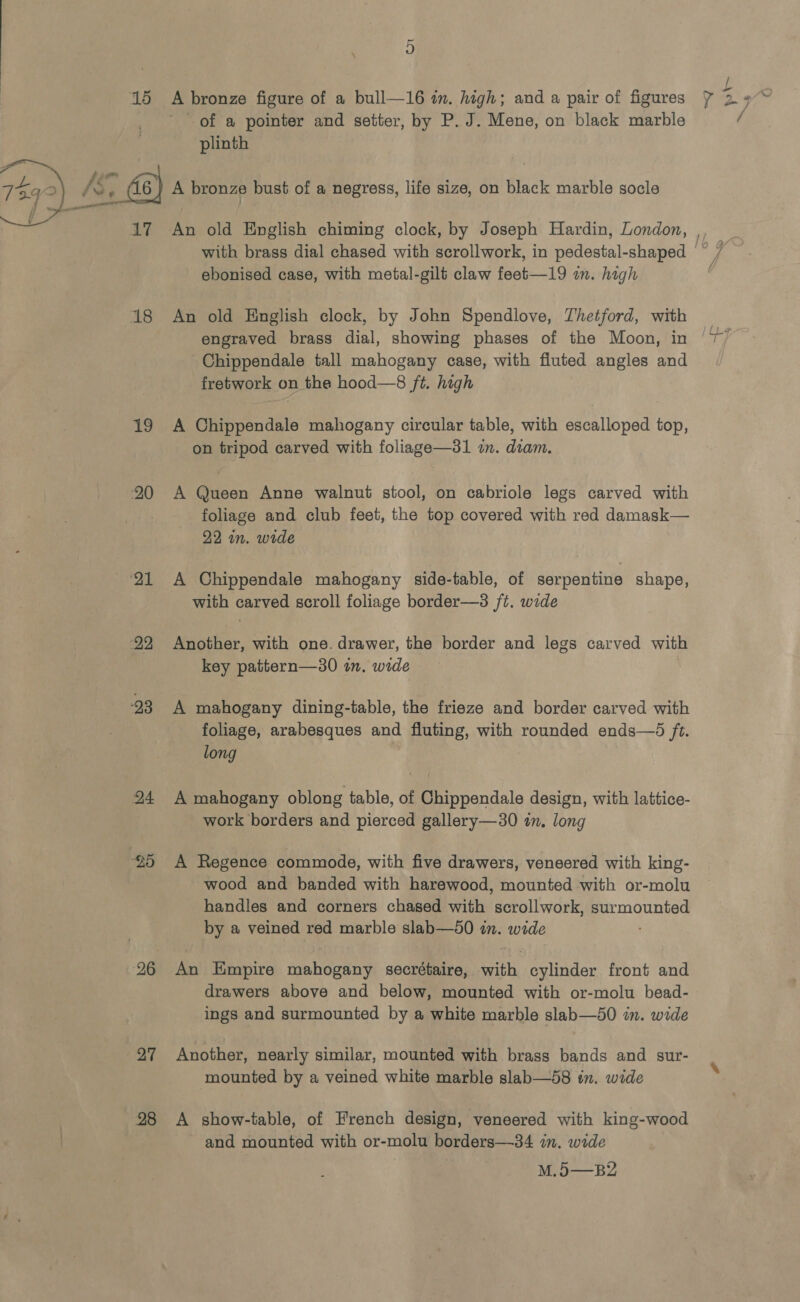  \ of a pointer and setter, by P.J. Mene, on black marble plinth 17 ag 20 ‘21 22 93 24 O5 26 a7 28 An old English chiming clock, by Joseph Hardin, London, ebonised case, with metal-gilt claw feet—19 an. high An old English clock, by John Spendlove, Thetford, with ~~ Chippendale tall mahogany case, with fluted angles and fretwork on the hood—8 ft. high A Chippendale mahogany circular table, with escalloped top, on tripod carved with foliage—31 in. diam. A Queen Anne walnut stool, on cabriole legs carved with foliage and club feet, the top covered with red damask— 22 in. wide A Chippendale mahogany side-table, of serpentine shape, with carved scroll foliage border—3 ft. wide Another, with one. drawer, the border and legs carved with key pattern—30 in, wide A mahogany dining-table, the frieze and border carved with foliage, arabesques and fluting, with rounded ends—d ft. long A mahogany oblong table, of Chippendale design, with lattice- work borders and pierced gallery—30 in, long A Regence commode, with five drawers, veneered with king- wood and banded with harewood, mounted with or-molu handles and corners chased with scrollwork, aed by a veined red marble slab—50 in. wide An Empire fgahouang secrétaire, with cylinder front and drawers above and below, mounted with or-molu bead- ings and surmounted by a white marble slab—50 in. wide Another, nearly similar, mounted with brass bands and sur- mounted by a veined white marble slab—58 én. wide A show-table, of French design, veneered with king-wood and mounted with or-molu borders—34 in. wide M.5—B2