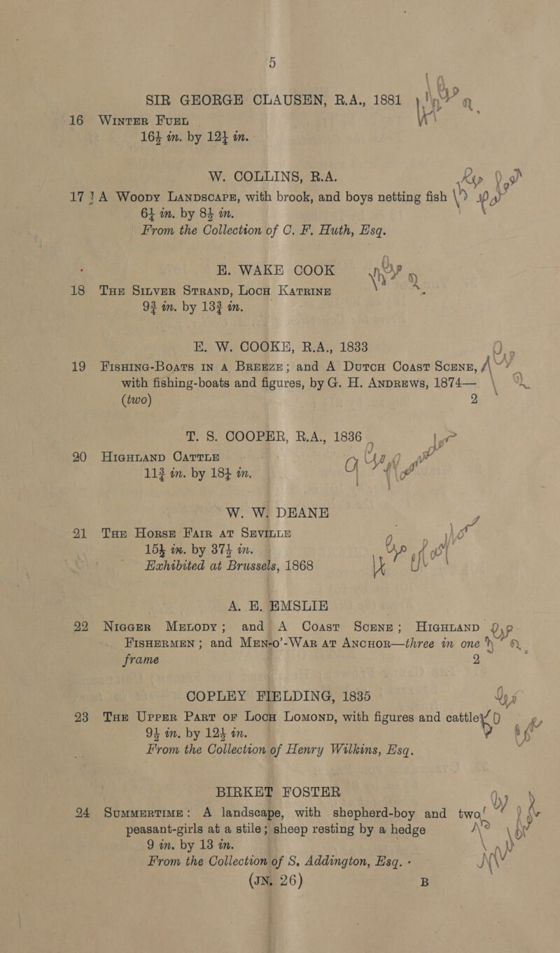 SIR GEORGE CLAUSEN, B.A., 1881)! 9 16 WINTER FUEL | WW 16} in. by 12} in. W. COLLINS, B.A. Ky Vo) y 173A Woopy LanpscaPe, with brook, and boys netting fish  oo in 61 in. by 84 m. From the Galaction of C. F. Huth, Esq. E. WAKE COOK ny 18 Tue Sinver Stranp, Locw Katrine \ ihe 93 mm. by 133 in. E. W. COOKH, B.A., 1833 ‘ 19 FisuHine-Boats In A BREEZE; and A Duton Coast SCENE, MM with fishing-boats and a ovee by G. H. AnpREws, 1874— a. (two) 2 T. S. COOPER, R.A., 1836 | ft q) VP 20 HieHuAND CATTLE 0 Yl, y, y 113 in. by 184 mm. W. W. DEANE 91 Tae Horse Farr at SEVILLE i} J 15k in. by 874 in. rp Pus Exhibited at Brussels, 1868 yr [v3 A. EH. EMSLIE 92 NiegerR Mernopy; and A Coast Sonne; HIGHLAND J\@- FISHERMEN ; and Men-o’-War at ANcHOoR—three in one ~ ® frame 2 COPLEY FIELDING, 1835 ys 93 Tse Upper Part or Loca Lomonp, with figures and ee 94 in. by 124 an. From the Collection of Henry Wilkins, Esq. Vv BIRKET FOSTER ) 94 Summertime: A landscape, with shepherd-boy and twa! oY peasant- -girls at a stile; sheep resting by a hedge Na \ Na 9 in, by 18 an. na From the Collection of S, Addington, Esq. - NX \V (IN, 26) B