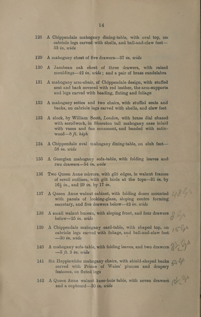 129 130 131 132 133 134 135 136 137 138 139 140 141 142 14 cabriole legs carved with shells, and ball-and-claw feet— 53 im. wide A mahogany chest of five drawers—37 in. wide A Jacobean oak chest of three drawers, with raised mouldings—42 im. wide; and a pair of brass candelabra A mahogany arm-chair, of Chippendale design, with stuffed seat and back covered with red leather, the arm-supports. and legs carved with beading, fluting and foliage A mahogany settee and two chairs, with stuffed seats and backs, on cabriole legs carved with shells, and claw feet A clock, by William Scott, London, with brass dial chased with scrollwork, in Sheraton tall mahogany case inlaid with vases and fan ornament, and banded with satin- wood—8 ft. high . A Chippendale oval mahogany dining-table, on club feet— 58 in. wide A Georgian mahogany sofa-table, with folding leaves and: two drawers—54 in. wide Two Queen Anne mirrors, with gilt edges, in walnut frames. of scroll outlines, with gilt birds at the tops—31 a. by 164 in., and 29 in. by 17 an. A Queen Anne walnut cabinet, with folding doors mounted | / A with panels of looking-glass, sloping centre forming: secretary, and five drawers below—42 in. wade A small walnut bureau, with sloping front, and four drawers. ¢ 0 ‘ below—25 in. wide A Chippendale mahogany card-table, with shaped top, om , .={\)% cabriole legs carved with foliage, and ball-and-claw feet. : -—30 in. wide Fe fi A mahogany sofa-table, with folding leaves, and two drawers. A vy —d ft. 3 in. wide ne Six Hepplewhite mahogany chairs, with shield-shaped backs. 5u df carved with Prince of Wales’ plumes and drapery festoons, on fluted legs Oy &amp; A Queen Anne walnut knee-hole table, with seven drawers. DA and a cupboard—3a0 im. wide