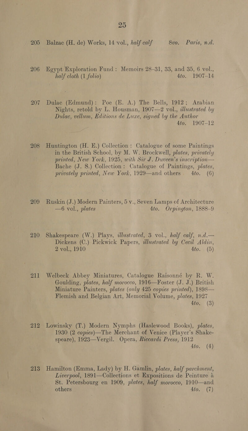 205 206 207 208 210 212 213 25 Balzac (H. de) Works, 14 vol., half calf 8vo. Paris, n.d. Egypt Exploration Fund: Memoirs 28-31, 33, and 35, 6 vol., half cloth (1 folio) 4to. 1907-14 Dulac (Edmund): Poe (E. A.) The Bells, 1912; Arabian Nights, retold by L. Housman, 1907—2 vol., «lustrated by Dulac, vellum, Editions de Luxe, signed by the Author 4to. 1907-12 Huntington (H. EH.) Collection: Catalogue of some Paintings in the British School, by M. W. Brockwell, plates, privately printed, New York, 1925, with Sir J. Duveen’s inscription— Bache (J. 8S.) Collection: Catalogue of Paintings, plates, privately printed, New York, 1929—and others. 4to. (6) Ruskin (J.) Modern Painters, 5 v., Seven Lamps of Architecture —6 vol., plates 4to. Orpington, 1888-9 Shakespeare (W.) Plays, illustrated, 3 vol., half calf, n.d.— Dickens (C.) Pickwick Papers, adlustrated by Cecil Aldin, 2 vol., 1910 4to. (5) Welbeck Abbey Miniatures, Catalogue Raisonné by R. W. Goulding, plates, half morocco, 1916—Foster (J. J.) British Miniature Painters, plates (only 425 copies printed), 1898— Flemish and Belgian Art, Memorial Volume, plates, 1927 4to. (3) Lowinsky (T.) Modern Nymphs (Haslewood Books), plates, 1930 (2 copies)—The Merchant of Venice (Player’s Shake- speare), 1923—Vergil. Opera, Riccardi Press, 1912 4to. (4) Hamilton (Emma, Lady) by H. Gamlin, plates, half parchment, Liverpool, 1891—Collections et Expositions de Peinture a St. Petersbourg en 1909, plates, half morocco, 1910—and