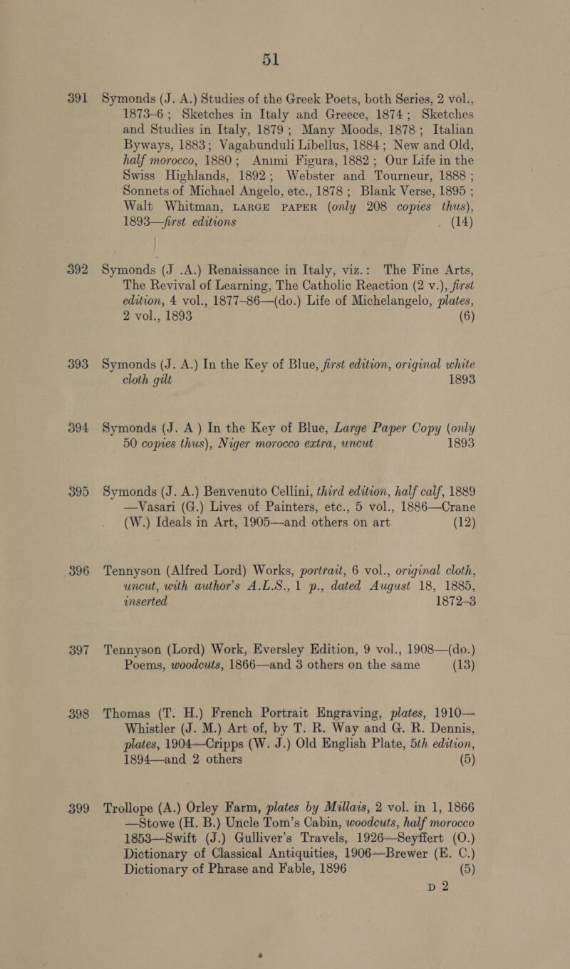 391 392 393 394 396 397 398 399 51 Symonds (J. A.) Studies of the Greek Poets, both Series, 2 vol., 1873-6 ; Sketches in Italy and Greece, 1874; Sketches and Studies in Italy, 1879 ; Many Moods, 1878; Italian Byways, 1883; Vagabunduli Libellus, 1884; New and Old, half morocco, 1880; Animi Figura, 1882; Our Life in the Swiss Highlands, 1892; Webster and Tourneur, 1888 ; Sonnets of Michael Angelo, etc., 1878 ; Blank Verse, 1895 ; Walt Whitman, LARGE PAPER (only 208 copies thus), 1893—first editions (14) Symonds (J .A.) Renaissance in Italy, viz.: The Fine Arts, The Revival of Learning, The Catholic Reaction (2 v.), first edition, 4 vol., 1877-86—(do.) Life of ie ke plates, 2 vol., 1893 (6) Symonds (J. A.) In the Key of Blue, jirst edition, original white cloth gilt 1893 Symonds (J. A ) In the Key of Blue, Large Paper Copy vee 50 copies thus), Niger morocco extra, uncut Symonds (J. A.) Benvenuto Cellini, third edition, half calf, 1889 —Vasari (G.) Lives of Painters, etc., 5 vol., 1886—Crane (W.) Ideals in Art, 1905—and others on art (12) Tennyson (Alfred Lord) Works, portrait, 6 vol., original cloth, uncut, with author’s A.L.S.,1 p., dated August 18, 1885, inserted 1872-3 Tennyson (Lord) Work, Eversley Edition, 9 vol., 1908—(do.) Poems, woodcuts, 1866—and 3 others on the same (13) Thomas (T. H.) French Portrait Engraving, plates, 1910— Whistler (J. M.) Art of, by T. R. Way and G. R. Dennis, plates, 1904—Cripps (W. J.) Old English Plate, 5th edition, 1894—and 2 others (5) Trollope (A.) Orley Farm, plates by Millais, 2 vol. in 1, 1866 —Stowe (H. B.) Uncle Tom’s Cabin, woodcuts, half morocco 1853—Swift (J.) Gulliver’s Travels, 1926—Seyffert (O.) Dictionary of Classical Antiquities, 1906—Brewer (EH. C.) Dictionary of Phrase and Fable, 1896 (5) D2