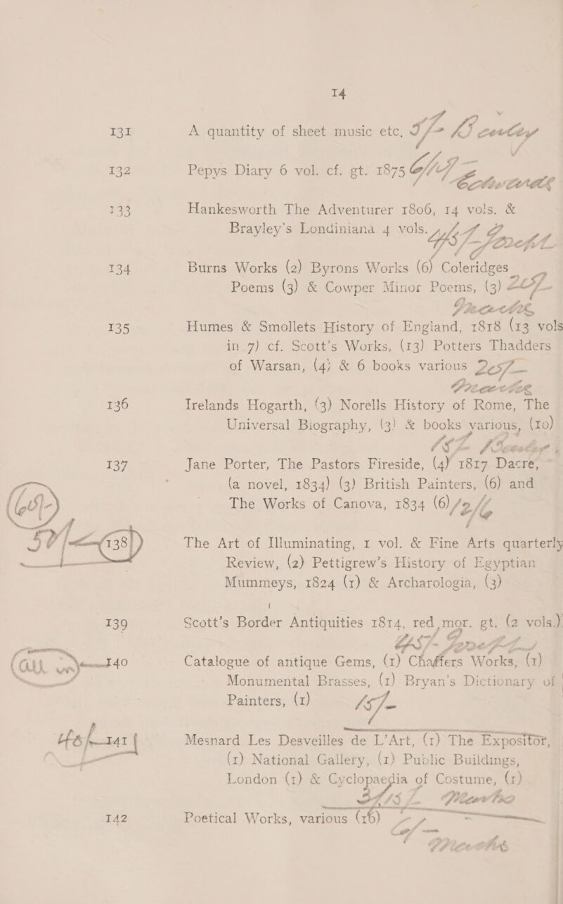 135 132 ESS 134 135 136 137 142 14 A quantity of sheet music etc, If Ise ctiy Pepys Diary 6 vol. cf. gt. 1875 Gleff Py | Eotte Cee Hankesworth The Adventurer 1806, 14 vols. &amp; Brayley's Londiniana 4 vols. ,,2 47 @ — ‘eae 7 fore; oA. / ¢ tA Burns Works (2) Byrons Works (6) Coleridges_ Poems (3) &amp; Cowper Minor Poems, (3) =&amp;/— Humes &amp; Smollets History of England, 1818 (x3 vols in. 7) cf. Scott’s Works, (13) Potters Thadders of Warsan, (4; &amp; 6 books various 2657 — PrCOCTER Irelands Hogarth, ‘3) Norells History of Rome, The Universal Biography, (3) &amp; books yarious, (ro) gs Ake eevee 5 Jane Porter, The Pastors Fireside, (4) 1817 Dacre, ~ (a novel, 1834) (3) British Painters, (6) and The Works of Canova, 1834 8/2, N, The Art of Illuminating, x vol. &amp; Fine Arts quarterly Review, (2) Pettigrew’s History of Egyptian Mummeys, 1824 (x) &amp; Archarologia, (3) 4 Scott’s Border Antiquities Et, red mor. gt. (2 vols.) | @ ry o&gt; Bey ae Catalogue of antique oe iz) Chethon TS Wake (x) Monumental Brasses, (1) Bryan’s Dictionary of Painters, (r) (sf Mesnard Les Desveilles de L’Art, (1) The 1e Expos sitor, (r) National Gallery, (1) Public Buildings, London (1) &amp; Cyc Nee ia of Costume, (r) (si. leavho Poetical Works, various mS pe lo Pace of, | _ a Ue