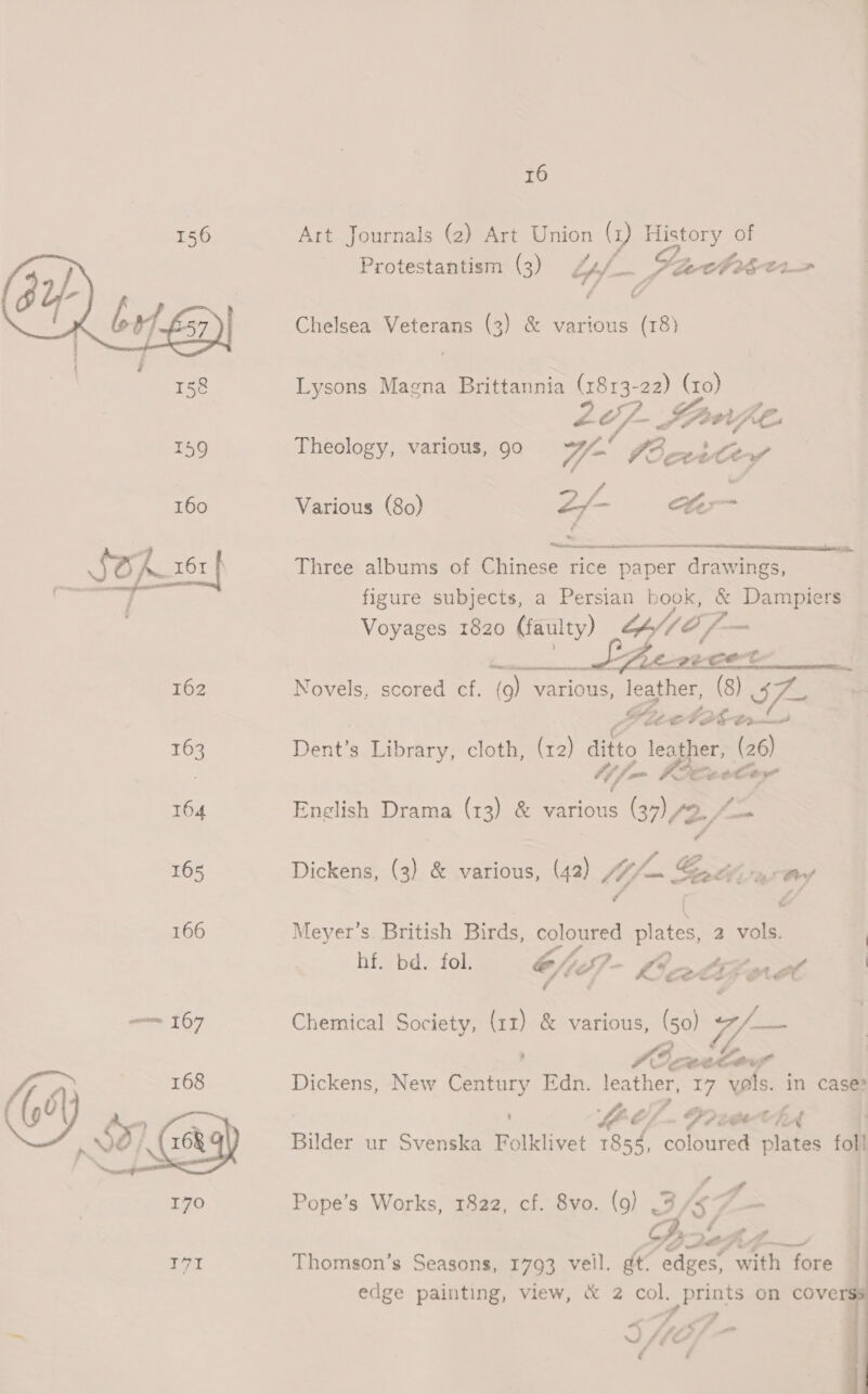   16 Art Journals (2) Art Union (1) History of / Protestantism (3) bf, i Packe C4 / CO Chelsea Veterans (3) &amp; various (18) Lysons Magna Brittannia (1813-22) (10) 2e/- SArpe Theology, various, 9o W- Vai Soe, ag a Various (80) 2/- te   Three albums of Princee rice paper drawings, figure subjects, a Persian book, &amp; Dampiers Voyages 1820 (faulty) Of — be ECO Novels, scored cf. (9) various, ee (8) ) IF Dee texts Dent’s Library, cloth, (12) ditto leather, (26) “fm foley English Drama (13) &amp; various GIZA a Dickens, a &amp; various, (42) lyf - — Sec er Bey Meyer's. British Birds, coloured plates, 2 vols. . | hf. bd. fol. Cis V- Oat Chemical Society, (11) &amp; various, (50) — ; So cector Dickens, New Century Edn. leather, 17 yols. in case , Le. P?: ee th Bilder ur Svenska Folklivet 1854, coloured plates foll Pope’s Works, 1822, cf. 8vo. (9) 3, oF I Pot ae. Fe oO Saar Thomson’s Seasons, 1793 vell. gt edges, with fore edge painting, view, &amp; 2 col. prints on covers 17 ; ’ -  ~o v4 VC 4 (as