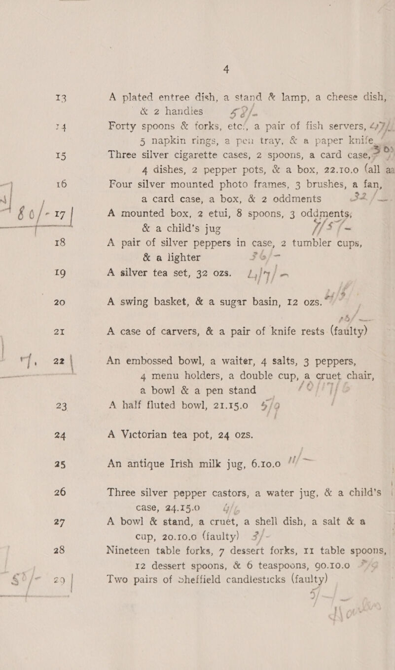 A plated entree dish, a stand &amp; lamp, a cheese dish, &amp; 2 handles 5 P/. Forty spoons &amp; forks, etc’, a pair of fish servers, 4)7/ 5 napkin rings, a pen tray, &amp; a paper knile. / Three silver cigarette cases, 2 spoons, a card case, > a 4 dishes, 2 pepper pots, &amp; a box, 22.10.0 (all aa Four silver mounted photo frames, 3 brushes, a fan, a card case, a box, &amp; 2 oddments 32/5 A mounted box, 2 etui, 8 spoons, 3 oddments, &amp; a child’s jug Ff A pair of silver peppers in case, 2 tumbler cups, &amp; a lighter FOof- A silver tea set, 32 ozs. / i} / ao A swing basket, &amp; a sugar basin, 12 ozs.” a / f a eo A case of carvers, &amp; a pair of knife rests (faulty) An embossed bowl, a waiter, 4 salts, 3 peppers, 4 menu holders, a double cup, A cruet CHa a bowl &amp; a pen stand fQ i A half fluted bowl, 21.15.0 9/9 A Victorian tea pot, 24 ozs. An antique Irish milk jug, 6.10.0 /// ~ Three silver pepper castors, a water jug, &amp; a child’s | case, 24.15.0 by/ £, A bowl &amp; stand, a cruet, a shell dish, a salt &amp; a cup, 20.10.0 (faulty) 7/- Nineteen table forks, 7 dessert forks, rr table spoons, 12 dessert spoons, &amp; 6 teaspoons, 90.10.0 Two pairs of »heffield candlesticks (faulty) } “