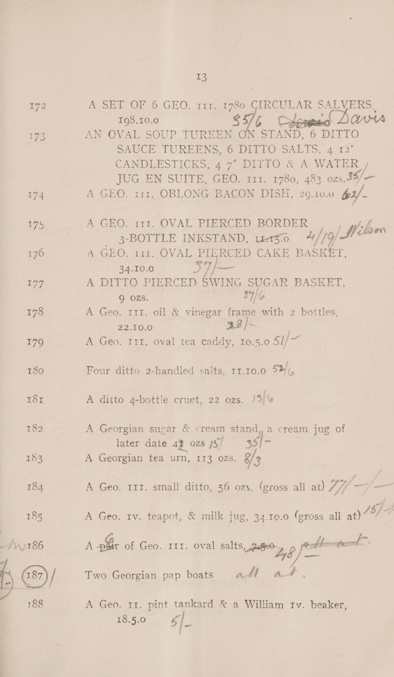 174 7 188 3 ASE DOF © GEO: v9 oe CIRCULAR SALVERS, 198.10.0 S76 Crospecl DOAMA SAUCE TUREENS, 6 DITTO SALTS. 4.12 CANDLESTICKS, 4 7” DITTO &amp; A WATER | JUG EN SUITE, GEO, 111. 1780, 483 02s. 35/— A GEO. 111. OBLONG BACON DISH, 29.10.00 @2/- A GEO. 111. OVAL PIERCED “eee W slave 3-BOTTLE INKSTAND, 12-1570 4//9/ (Me 4 GEO. 111. OVAL PIERCED CAKE BASKET, 34.10.0 Sif A DITTO PIERCED SWING SUG AR BASKET, Q OZS. | 34/¢ A Geo. THI wil é&amp; vinegar frame with 2 bottles, 22.10.0 A Geo. 111, oval tea caddy, 10.5.0 51/— Four ditto 2-handled salts, rz.10.0 5%% A ditto 4-bottle cruet, 22 ozs, /3/% A Georgian sugar &amp; > stand,, a cream jug of later date 43 ozs ys] 35 as A Georgian tea urn, 113 ozs. 8/3 A Geo. rv. teapot, &amp; milk jug, 34.10.0 (gross all at) H+ A ae of Geo. III. oval salts, ,usmo pth Ab Two Georgian pap boats «# dat. A Geo. 11. pint tankard &amp; a William tv. beaker, 18.5.0 Pigs