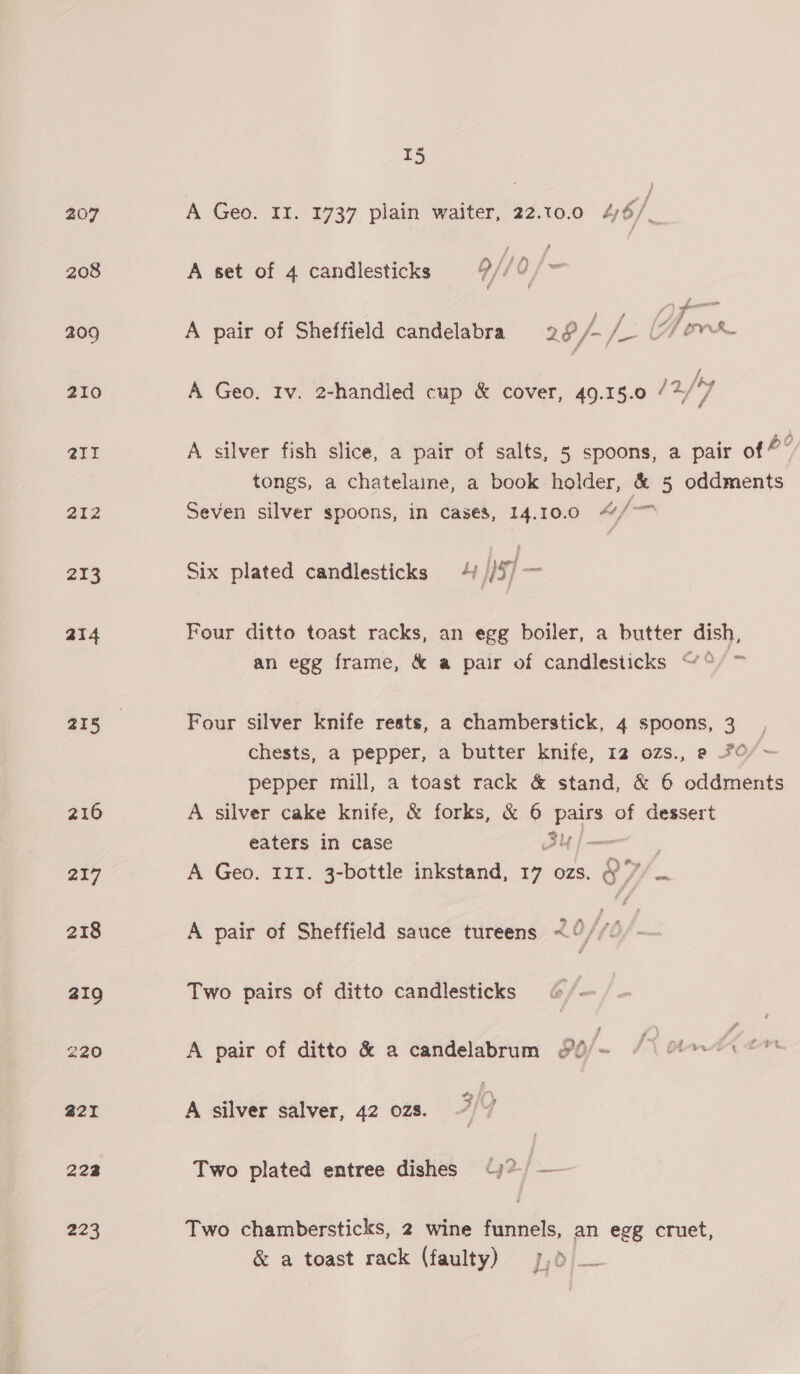 207 208 209 210 211 212 213 214 215 222 223 wo T5 A Geo. 11. 1737 plain waiter, 22.10.0 46/_ A set of 4 candlesticks = 9//0/~ . i Cad “a ens A pair of Sheffield candelabra 28 /- tik (ove A Geo. 1v. 2-handied cup &amp; cover, 49.15.0 /2/’7 A silver fish slice, a pair of salts, 5 spoons, a pair of?” tongs, a chatelaine, a book holder, &amp; 5 oddments Seven silver spoons, in casés, 14.10.00 “/—™ Six plated candlesticks 4) //5/ — Four ditto toast racks, an egg boiler, a butter dish, an egg frame, &amp; a pair of candlesticks “°/ ~ Four silver knife rests, a chamberstick, 4 spoons, 3 chests, a pepper, a butter knife, 12 07zS., @ %0/ — pepper mill, a toast rack &amp; stand, &amp; 6 oddments A silver cake knife, &amp; forks, &amp; 6 aig of dessert eaters in case Ly ; A Geo. 111. 3-bottle inkstand, 17 ozs. Ey a A pair of Sheffield sauce tureens 20//0 Two pairs of ditto candlesticks >) ; A pair of ditto &amp; a candelabrum O0/- 7° Sere. oe Oy bir < 9 pi A silver salver, 42 02s. Two plated entree dishes Gj? — Two chambersticks, 2 wine funnels, an egg cruet, &amp; a toast rack (faulty) 7,0/_