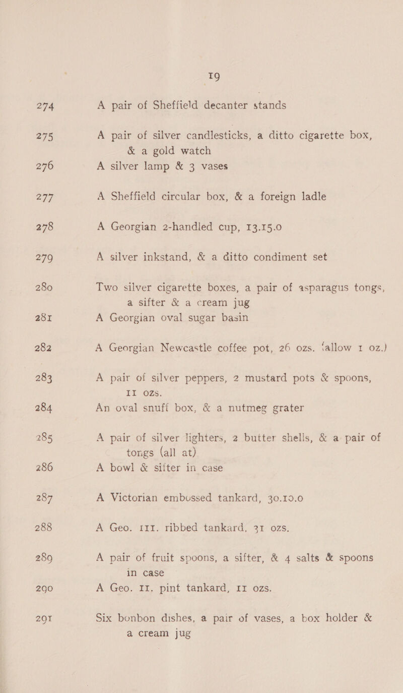 A pair of Sheffield decanter stands A pair of silver candlesticks, a ditto cigarette box, &amp; a gold watch A silver lamp &amp; 3 vases A Sheffield circular box, &amp; a foreign ladle A Georgian 2-handled cup, 13.15.0 A silver inkstand, &amp; a ditto condiment set Two silver cigarette boxes, a pair of asparagus tongs, a sifter &amp; a cream jug A Georgian oval sugar basin A Georgian Newcastle coffee pot, 26 ozs. ‘allow 1 oz.) A pair of silver peppers, 2 mustard pots &amp; spoons, II OZs. An oval snufi box, &amp; a nutmeg grater A pair of silver lighters, 2 butter shells, &amp; a pair of tongs (all at) A bowl &amp; siiter in case A Victorian embussed tankard, 30.19.0 A Geo. 111. ribbed tankard, 31 ozs. A pair of fruit spoons, a sifter, &amp; 4 salts &amp; spoons in case A Geo. II. pint tankard, II ozs. Six bonbon dishes, a pair of vases, a box holder &amp; a cream jug