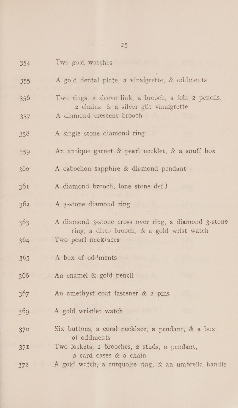 371 af] 25 Two gold watches A gold dental plate, a vinaigrette, &amp; oddments Two rings, a sleeve link, a brooch, a fob, 2 pencils, 2 chains, &amp; a silver gilt vinaigrette A diamond crescent brooch A single stone diamond ring An antique garnet &amp; pearl necklet, &amp; a snuff box A cabochon sapphire &amp; diamond pendant A diamond brooch, (one stone def.) A 3-stone diamond ring A diamond 3-stone cross over ring, a diamond 3-stone ring, a ditto brooch, &amp; a gold wrist watch Two pearl necklaces A box of od“*ments An enamel &amp; gold pencil An amethyst coat fastener &amp; 2 pins A gold wristlet watch Six buttons, a coral necklace, a pendant, &amp; a box of oddments Two lockets, 2 brooches, 2 studs, a pendant, 2 card cases &amp; a chain A gold watch, a turquoise ring, &amp; an umbrella handle