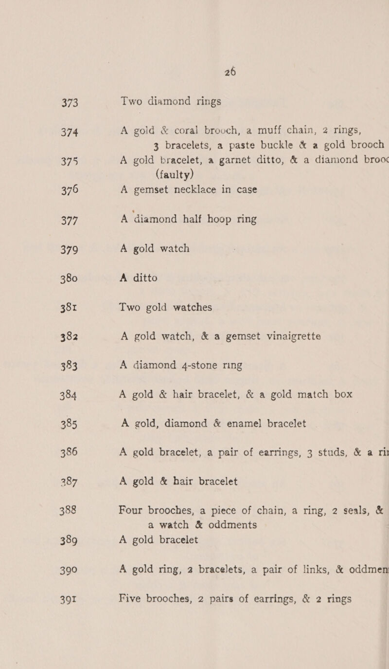 373 374 375 376 aye 379 380 381 382 383 384 385 386 387 388 389 390 391 26 Two diamond rings A gold &amp; coral brooch, a muff chain, 2 rings, 3 bracelets, a paste buckle &amp; a gold brooch A gold bracelet, a garnet ditto, &amp; a diamond brooc (faulty) A gemset necklace in case A diamond half hoop ring A gold watch A ditto Two gold watches A gold watch, &amp; a gemset vinaigrette A diamond 4-stone ring A gold &amp; hair bracelet, &amp; a gold match box A gold, diamond &amp; enamel bracelet A gold bracelet, a pair of earrings, 3 studs, &amp; a rh A gold &amp; hair bracelet Four brooches, a piece of chain, a ring, 2 seals, &amp; a watch &amp; oddments A gold bracelet A gold ring, 2 bracelets, a pair of links, &amp; oddmen Five brooches, 2 pairs of earrings, &amp; 2 rings