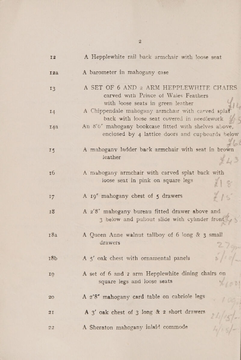 I2 I2a 13 14 14a 15 16 a7 18 18a 18b nN RS A barometer in mahogany case carved with Prince of Wales Feathers with toose seats in green leather jJeather loose seat in pink on square iegs A 19” mahogany chest of 5 drawers - » drawers A 5’ oak chest with ornamental panels square legs and loose seats A 2’8” mahogany card table on cabriole legs A Sheraton mahogany inlaid commode ‘
