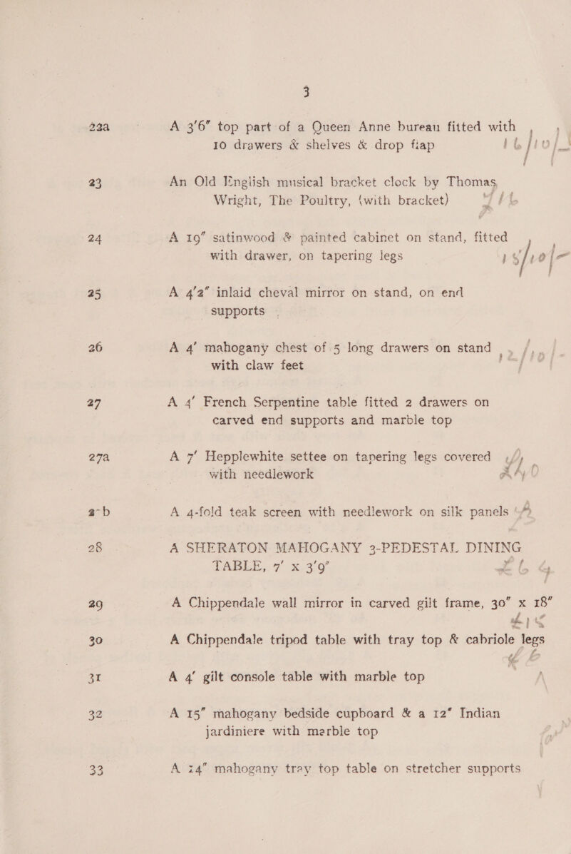 23 24 25 26 27 27a 2° b 30 31 33 3 A 36” top part of a Queen Anne bureau fitted with , 10 drawers &amp; shelves &amp; drop fiap 16 fivofe { An Old English musical bracket clock by Thomas Wright, The Poultry, (with bracket) Pes with drawer, on tapering legs rs Jee A 4’2” inlaid cheval mirror on stand, on end supports A 4’ mahogany chest of 5 long drawers on stand | with claw feet A 4° French Serpentine table fitted 2 drawers on carved end supports and marble top A 7 Hepplewhite settee on tapering legs covered 4/) — with needlework AA! A 4-fold teak screen with needlework on silk panels TABLE. 7 X.3'9 a the f A Chippendale wall mirror in carved gilt frame, 30” x 18° ed. } S A Chippendale tripod table with tray top &amp; ee ee A 4’ gilt console table with marble top jardiniere with merble top A z4” mahogany tray top table on stretcher supports