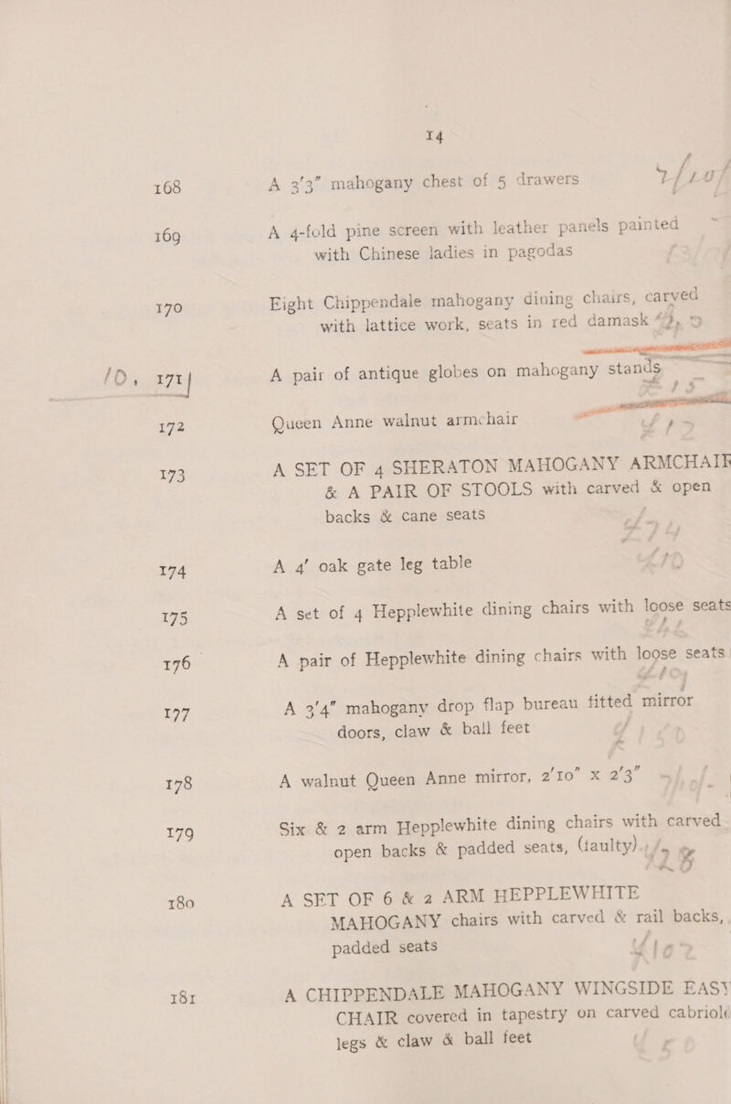 168 169 170 179 180 8x 14 | ees A 3/3” mahogany chest of 5 drawers ULA A 4-fold pine screen with leather panels painted =~ with Chinese ladies in pagodas : Eight Chippendale mahogany dining chairs, carved with lattice work, seats in red damask “), 9 z , ie A pair of antique globes on mahogany stands — f x : csasneatil Queen Anne walnut armchair if pa A SET OF 4 SHERATON MAHOGANY ARMCHAIK &amp; A PAIR OF STOOLS with carved &amp; open backs &amp; cane seats or A 4’ oak gate leg table ‘mT A set of 4 Hepplewhite dining chairs with loose seats A pair of Hepplewhite dining chairs with loose seats | eho A 3'4” mahogany drop flap bureau titted mirror doors, claw &amp; ball feet rf A walnut Queen Anne mirror, 2'Io x ee ee Six &amp; 2 arm Hepplewhite dining chairs with carved open backs &amp; padded seats, (taulty) A SET OF 6 &amp; 2 ARM HEPPLEWHITE MAHOGANY chairs with carved &amp; rail backs, padded seats fp | ~ - A CHIPPENDALE MAHOGANY WINGSIDE EASY CHAIR covered in tapestry on carved cabriole legs &amp; claw &amp; ball feet