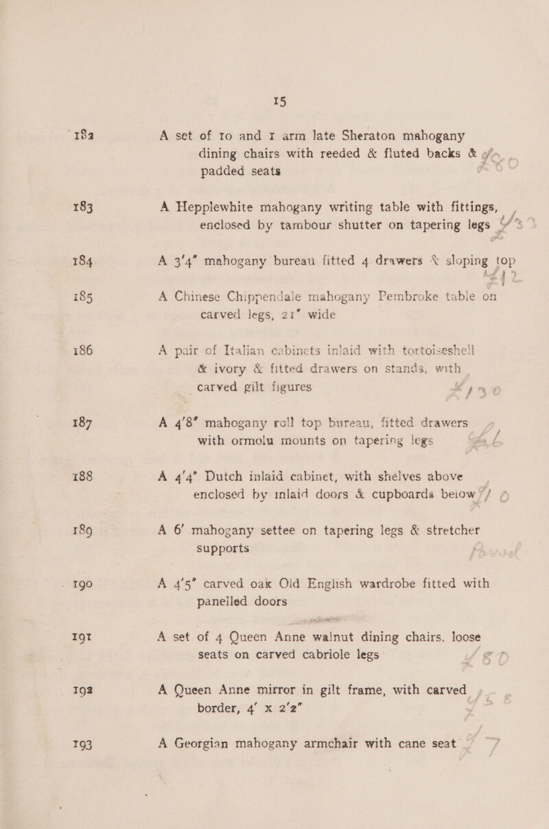 “18a A set of to and x arm late Sheraton mahogany dining chairs with reeded &amp; fluted backs gt oe padded seats a. 183 A Heppiewhite mahogany writing table with fittings, enclosed by tambour shutter on tapering ne ¥: : 184 A 3'4 mahogany bureau fitted 4.drawers &amp; sloping top Mee ,? 4 185 A Chinese Chippendale mahogany Pembroke tabie on carved legs, 21 wide 186 A pair of Italian cabinets inlaid with tortoiseshell &amp; ivory &amp; fitted drawers on stands, with carved gilt figures We 187 A 4'8” mahogany roll top bureau, fitted drawers with ormoiu mounts on tapering legs 188 A 4'4 Dutch inlaid cabinet, with shelves above enclosed by inlaid doors &amp; cupboards beiow “/ / f 189 A 6’ mahogany settee on tapering legs &amp; stretcher supports . 190 A 4'5 carved oak Olid Enghsh wardrobe fitted with paneiled doors of MEE 1gr A set of 4 Queen nae ‘malo dining chairs, loose seats on carved cabriole legs 192 A Queen Anne mirror in gilt frame, with carved border, 4’ x 2’2” 193 A Georgian mahogany armchair with cane seat