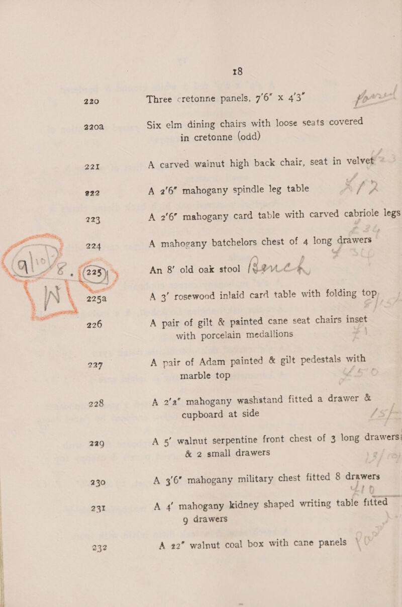 220 Three cretonne panels, 76 x 4’3° fo A/r5-+4 2204 Six elm dining chairs with loose seats covered in cretonne (odd) 221 A carved wainut high back chair, seat in velvet 222 A 2'6” mahogany spindle leg table =f / 2 223 A 2'6 mahogany card table with carved cabriole legs Pita, , P ~. “TF 224 A mahogany batchelors chest of 4 long drawers A! as. ce) * An 8! old oak stool [$2VU@-A_ A 3’ rosewood inlaid card table with folding top,  A pair of gilt &amp; painted cane seat chairs inset with porcelain medallions = 227 A pair of Adam painted &amp; gilt pedestals with marble top fe 228 A 2/2” mahogany washstand fitted a drawer &amp; cupboard at side J 6 fm 229 A 5’ walnut serpentine front chest of 3 long drawers: &amp; 2 small drawers 230 A 3/6 mahogany military chest fitted 8 drawers _/ , 231 A 4’ mahogany kidney shaped writing table fitted — g drawers 232 A 22° walnut coal box with cane panels 