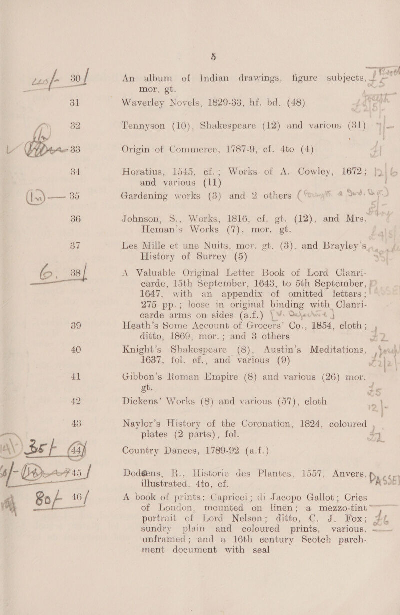  | : aye 248 /- 30 | An album of Indian drawings, figure subjects, £ Se ae ed mor. gt. et i : 31 Waverley Novels, 1829-33, hf. bd. (48) n ia o2 Tennyson (10), Shakespeare (12) and various (81) 4). Le Origin of Commerce, 1787-9, ef. 4to (4) 34 Horatius, 1545, ef.; Works of A. Cowley, 1672; fpib and various (11) (Iw) —— 35 Gardening works (8) and 2 others (*o»,% 4 aed KD 36 Johnson, $., Works, 1816, ef. gt. (12), and Mrs. | Heman’s Works (7), mor. gt. | oO” Les Mille et une Nuits, mor. gt. (3), and Brayley's,,, | 4 History of Surrey (5) s lo. 38 A Valuable Original Letter Book of Lord Clanri- eS earde, 15th September, 1643, to 5th September, | 1647, with an appendix of omitted letters; 275 pp.; loose in original binding with Clanri- carde arms on sides (a.f.) \ + Walsekw | 39 Heath’s Some Account of Grocers’ Co., 1854, cloth; , ditto, 1869, mor.; and 3 others 2. 40 Knight’s Shakespeare (8), Austin’s Meditations, yeu 1637, fol. ef., and various (9) 3 a3 1 41 Gibbon’s Roman [impire (8) and various (26) mor. — 42 Dickens’ Works (8) and various (57), cloth ats mi Naylor’s History of the Coronation, 1824, coloured plates (2 parts), fol. Sn 43 AY’ st G Country Dances, 1789-92 (a.f.) ( (Ps ~, » . f- C745 _/ Dodéens, R., Historie des Plantes, 1557, Anvers, f) aan _ illustrated, 4to, cf, ASE) iM Ro la 46 [ A book of prints: Capricci; di Jacopo Gallot; Cries of London, mounted on linen; a mezzo-tint“~ portrait of Lord Nelson; ditto, C. J. Fox; 4 b sundry plain and coloured prints, various. ~ unframed; and a 16th century Scotch parch- ment document with seal