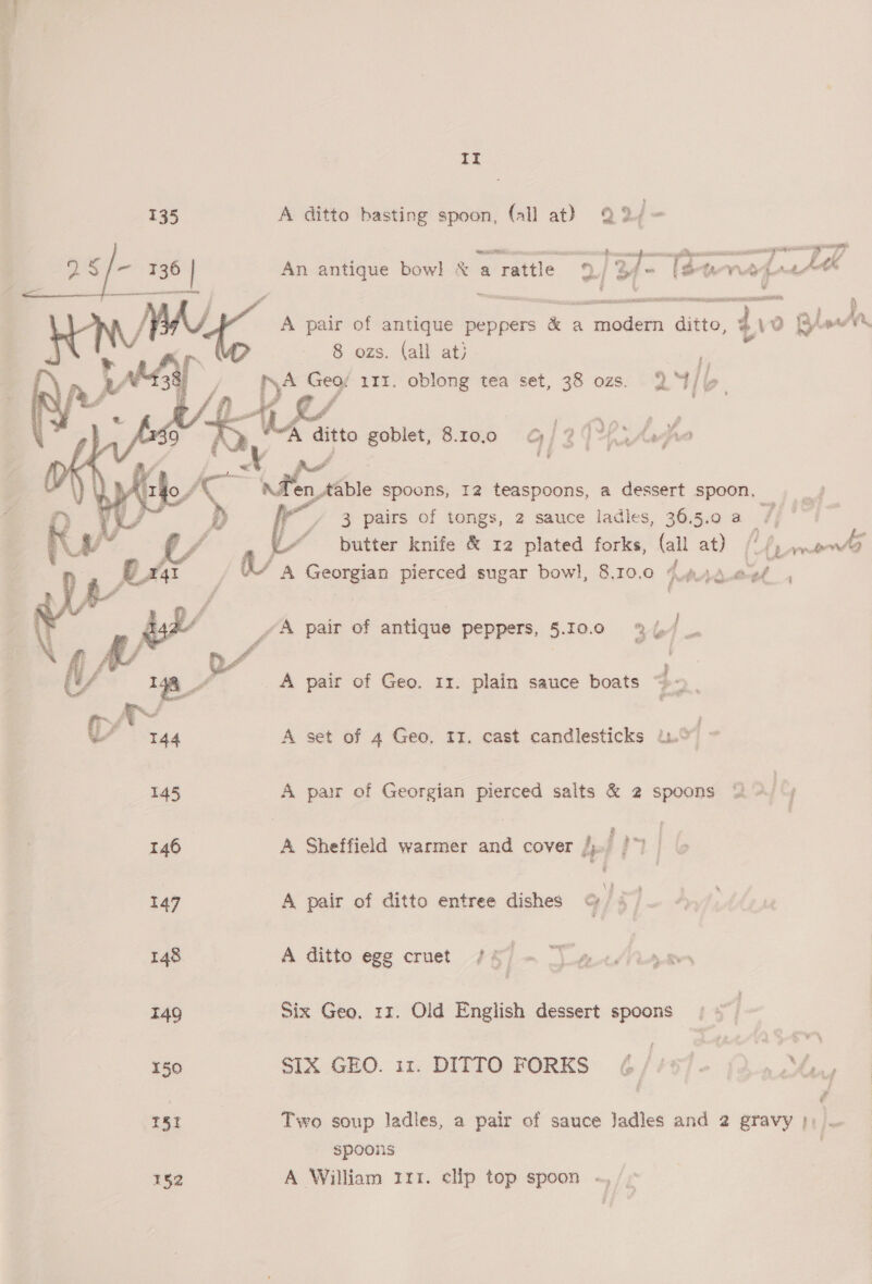     If A ditto basting spoon, (all at} 92 s ee a a aw peed a7 A An antique bowl &amp; a rattle | 3 /- Soin te Vy rahe § v er A pair of antique peppers &amp; a ei ditto: ‘tho wae 8 ozs. (all at) is pA Geos 111. oblong tea set, 38 ozs. QM ie, A ditto goblet, 8.10.0 © j 2 I Awe .§ en sible spoons, 12 teaspoons, a dessert spoon, butter knife &amp; 12 plated forks, (al at) f! fs mee jv A Georgian pierced sugar bow], 8.10.0 4. tAdkinth “A pair of antique peppers, 5.10.0 E. Po re, A pair of Geo. 11. plain sauce boats 4 “ govt A set of 4 Geo. 11. cast candlesticks U.° i. A pair of Georgian pierced salts &amp; 2 spoons | Me A Sheffield warmer and cover §,. 7°). \2 A pair of ditto entree dishes seen A ditto egg cruet / 5 Six Geo. 11. Old English dessert spoons SIX GEO. 11. DITTO FORKS 6//t1- QaMe, Two soup ladles, a pair of sauce Jadles and 2 gravy } i spoons . A William rrr. clip top spoon