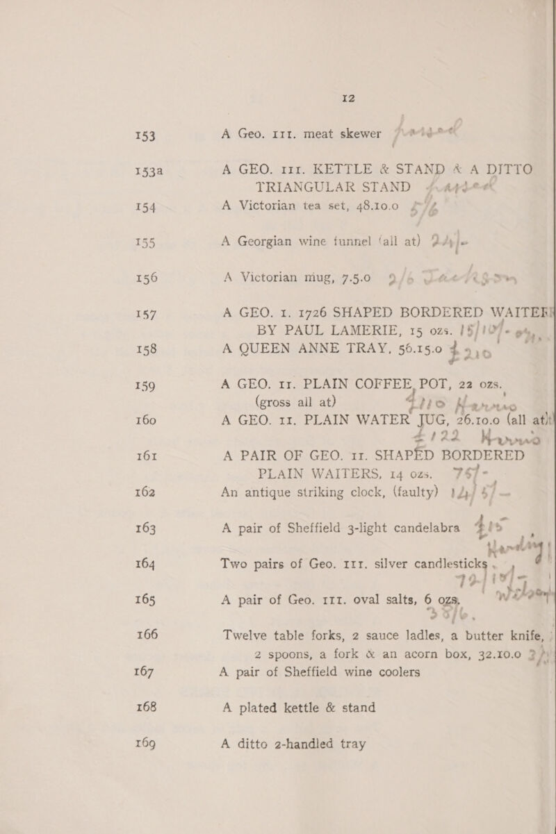 12 A Geo. 111. meat skewer 7d ‘ A GEO. 111. KETTLE &amp; STAND &amp; A DITTO TRIANGULAR STAND 4.Aq3¢# A Victorian tea set, 48.10.0 | A Georgian wine funnel ‘ail at) Ady fe ~ 7 A Victorian mug, 7.5.0 9/65 wee? fi, A GEO. 1, 1726 SHAPED BORDERED WAITER BY PAUL LAMERIE, 15 ozs. 1§/10/+ 94) A QUEEN ANNE TRAY, 56.15.0 tar sa A GEO. 1r. PLAIN COFFEE, POT, 22 ozs. (gross ail at) Tlie H od aS 1/22 Kanno A PAIR OF GEO. 1r. SHAPED BORDERED PLAIN WAITERS, 14 ozs. %$7- d An antique striking clock, (faulty) 14) j | Hard Two pairs of Geo. 111. silver candlestick , 79 J yj i v/ - A pair of Geo, 111. oval salts, 6 ozs, we ae “4 &gt; j - ) : Twelve table forks, 2 sauce ladles, a butter knife, ; 2 spoons, a fork &amp; an acorn box, 32.10.0 2}; A pair of Sheffield wine coolers A plated kettle &amp; stand A ditto 2-handled tray