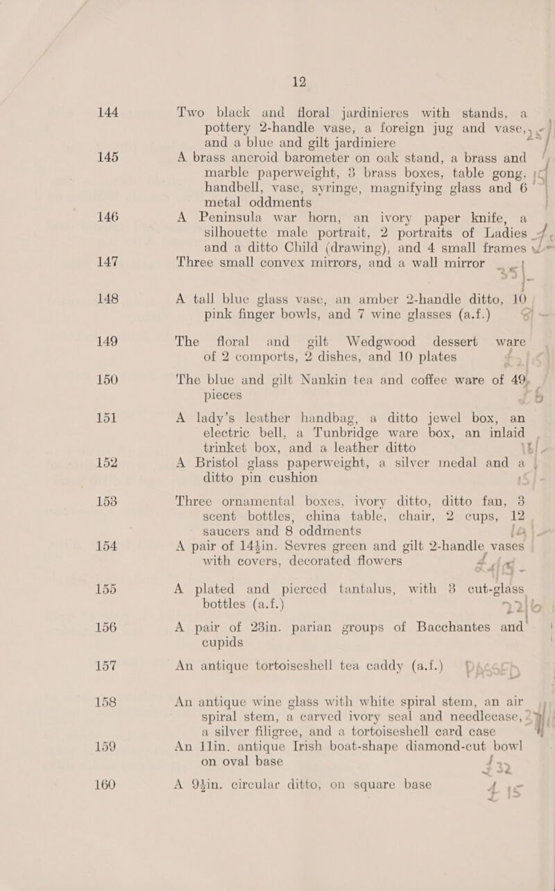 144 Two black and floral jardinieres with stands, a pottery 2-handle vase, a foreign jug and vase, ~ and a blue and gilt jardiniere 7 145 A. brass aneroid barometer on oak stand, a brass and marble paperweight, 3 brass boxes, table gong, handbell, vase, svringe, magnifying glass and 6 metal oddments 146 A Peninsula war horn, an ivory paper knife, a silhouette male portrait, 2 portraits of Ladies 4. and a ditto Child (drawing), and 4 small frames w 147 Three small convex mirrors, and a wall mirror _ | 148 A tall blue glass vase, an amber 2-handle ditto, 10 pink finger bowls, ‘and 7 wine glasses (a.f.) 149 The floral and = gilt Wedgwood dessert ware of 2 comports, 2 dishes, and 10 plates 150 The blue and gilt Nankin tea and coffee ware bf 49, pieces xy 151 A lady’s leather handbag, a ditto jewel box, an electric bell, a Tunbridge ware box, an inlaid , trinket box, and a leather ditto iL 152 A Bristol glass paperweight, a silver medal geek a | ditto pin cushion 1538 Three ornamental boxes, ivory ditto, ditto fan, 3 scent bottles, china table, chair, 2 cups, 12 saucers and 8 oddments ; ; : ‘A : 154 A pair of 144in. Sevres green and gilt 2 -handle vases with covers, decomiad Snware: 4+ Ae 155 A plated and pierced tantalus, with 3 cut-glass bottles (a.f.) Pil 156 A pair of 23in. parian groups of Bacchantes and cupids 157 An antique tortoiseshell tea caddy (a.f.) 158 An antique wine glass with white spiral stem, an air, spiral stem, a carved ivory seal and needlecase, - rit a silver filigree, and a tortoiseshell card case i 159 An 1lin, antique Insh boat-shape diamond-cut bowl on oval base cs ~ &amp; 160 A 94in. circular ditto, on square base 4 -“,