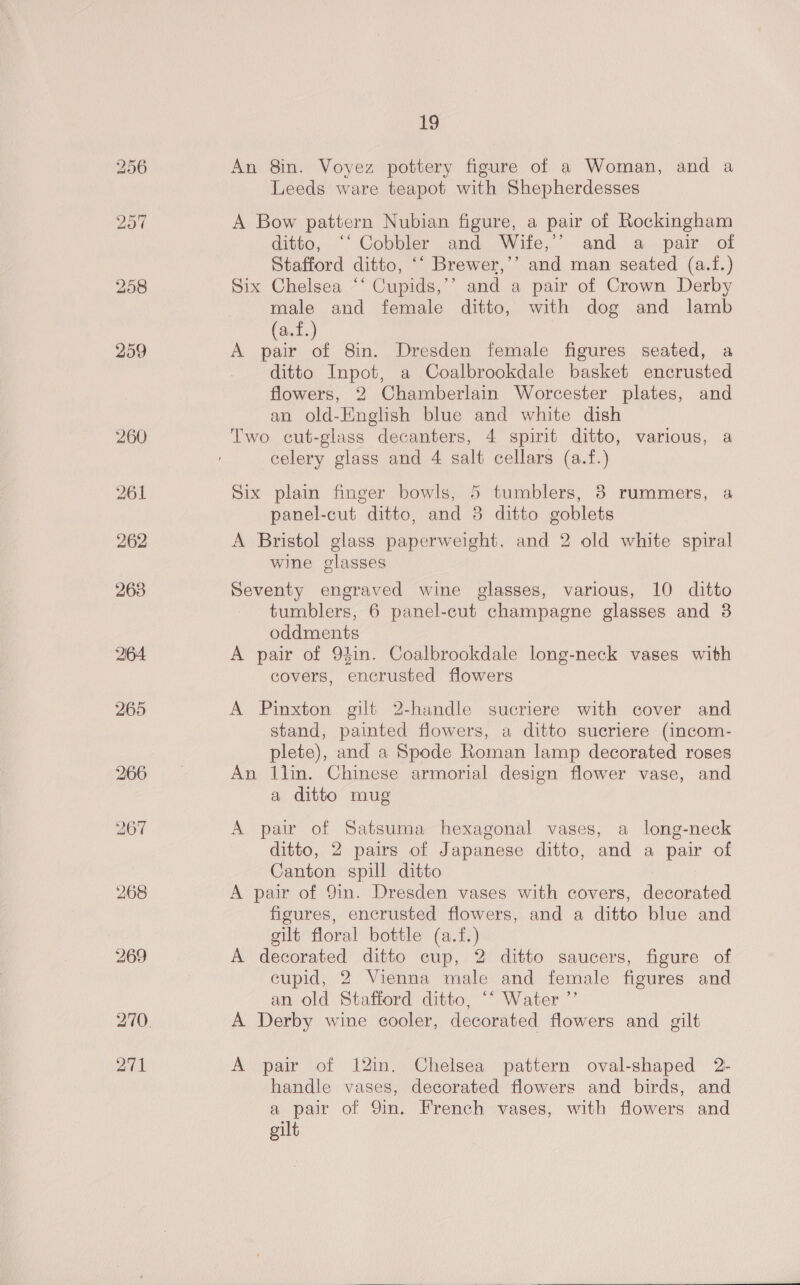 271 An 8in. Voyez pottery figure of a Woman, and a Leeds ware teapot with Shepherdesses A Bow pattern Nubian figure, a pair of Rockingham ditto, ‘“‘ Cobbler and Wife,’’ and a pair of Six Chelsea ‘‘ Cupids,’’ and a pair of Crown Derby male and female ditto, with dog and lamb ants) A ne of 8in. Dresden female figures seated, a ditto Inpot, a Coalbrookdale basket encrusted flowers, 2 Chamberlain Worcester plates, and an old-English blue and white dish Two cut-glass decanters, 4 spirit ditto, various, a celery glass and 4 salt cellars (a.f.) Six plain finger bowls, 5 tumblers, 8 rummers, a panel-cut ditto, and 3 ditto goblets A Bristol glass paperweight, and 2 old white spiral wine glasses Seventy engraved wine glasses, various, 10 ditto tumblers, 6 panel-cut champagne glasses and 3 oddments A pair of 914in. Coalbrookdale long-neck vases with covers, encrusted flowers A Pinxton gilt 2-handle sucriere with cover and stand, painted flowers, a ditto sueriere (incom- plete), and a Spode Roman lamp decorated roses An lilin. Chinese armorial design flower vase, and a ditto mug A pair of Satsuma hexagonal vases, a long-neck ditto, 2 pairs of Japanese ditto, and a pair of Canton spill ditto A pair of 9in. Dresden vases with covers, decorated figures, encrusted flowers, and a ditto blue and gilt floral bottle (a.f.) A decorated ditto cup, 2 ditto saucers, figure of cupid, 2 Vienna male and female figures and an old Stafford ditto, ‘ Water ”’ A Derby wine cooler, decorated flowers and gilt A pair of 12in. Chelsea pattern oval-shaped 2- handle vases, decorated flowers and birds, and a pair of 9in. French vases, with flowers and gilt 