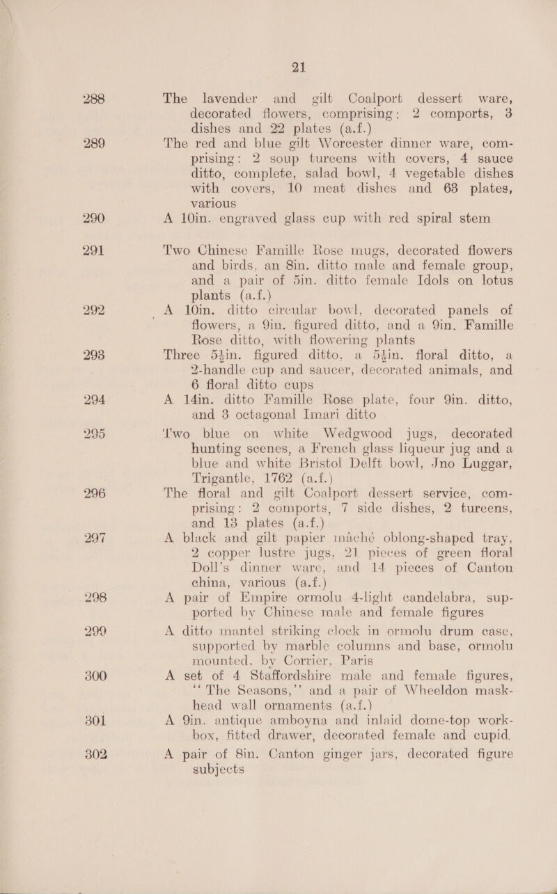 290 291 300 301 302 21 The lavender and gilt Coalport dessert ware, decorated flowers, comprising: 2 comports, 3 dishes and 22 plates (a.f.) The red and blue gilt Worcester dinner ware, com- prising: 2 soup tureens with covers, 4 sauce ditto, complete, salad bowl, 4 vegetable dishes with covers, 10 meat dishes and 68 plates, varlous A 10in. engraved glass cup with red spiral stem Two Chinese Famille Rose mugs, decorated flowers and birds, an 8in. ditto male and female group, and a pair of 5in. ditto female Idols on lotus plants (a.f.) A 10in. ditto circular bowl, decorated panels of flowers, a Qin. figured ditto, and a 9in. Famille Rose ditto, with flowering plants Three 54in. figured ditto, a 54in. floral ditto, a 2-handle cup and saucer, decorated animals, and 6 floral ditto cups A 14in. ditto Famille Rose plate, four 9in. ditto, and 8 octagonal Imari ditto hunting scenes, a French glass hqueur jug and a blue and white Bristol Delft bowl, Jno Luggar, Trigantle, 1762 (a.f.) The floral and gilt Coalport dessert service, com- prising: 2 comports, 7 side dishes, 2 tureens, and 18 plates (a.f.) A black and gilt papier maché oblong-shaped tray, 2 copper lustre jugs, 21 pieces of green floral Doll’s dinner ware, and 14 pieces of Canton china, various (a.f. A pair of Empire ormolu 4-light candelabra, sup- ported by Chinese male and female figures A ditto mantel striking clock in ormolu drum ease, supported by marble columns and base, ormolu mounted, by Corrier, Paris A set o1 4 Siatendahive male and female figures, ‘The Seasons,’’ and a pair of Wheeldon mask- head wall ornaments (a.f.) A 9in. antique amboyna and inlaid dome-top work- box, fitted drawer, decorated female and cupid, A pair of 8in. Canton ginger jars, decorated figure subjects