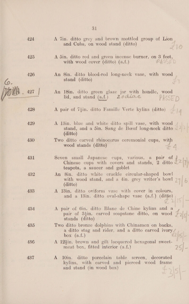  424 425 426 428 429 430 434 435 437 3l and Cubs, on wood stand (ditto) | A din. ditto red and green incense burner, on 3. feet, with wood cover (ditto) (a.f.) | An 8in. ditto blood-red long-neck vase, with wood stand (ditto) An 18in. ditto green glaze jar with handle, as lid, and stand (a.f.) ZOALAL ees A pair of 74in. ditto Famille Verte kylins (ditto) A 18in. blue and white ditto spill vase, with wood (ditto) wood stands (ditto) Seven small Japanese cups, various, a pair of teapots, a saucer and goblet An 8in. ditto white crackle circular-shaped bow! A 18in. ditto oviform vase with cover in colours, and a 18in. ditto oval-shape vase (a.t.) (ditfo) A pair of 6in. ditto Blanc de Chine kylins and a stands (ditto) Two ditto bronze dolphins with Chinamen on backs, A 12kin. brown and gilt lacquered hexagonal sweet- meat box, fitted interior (a.f.) A 10in. ditto porcelain table screen, decorated kylins, with carved and pierced wood frame and stand (in wood box) Aa,