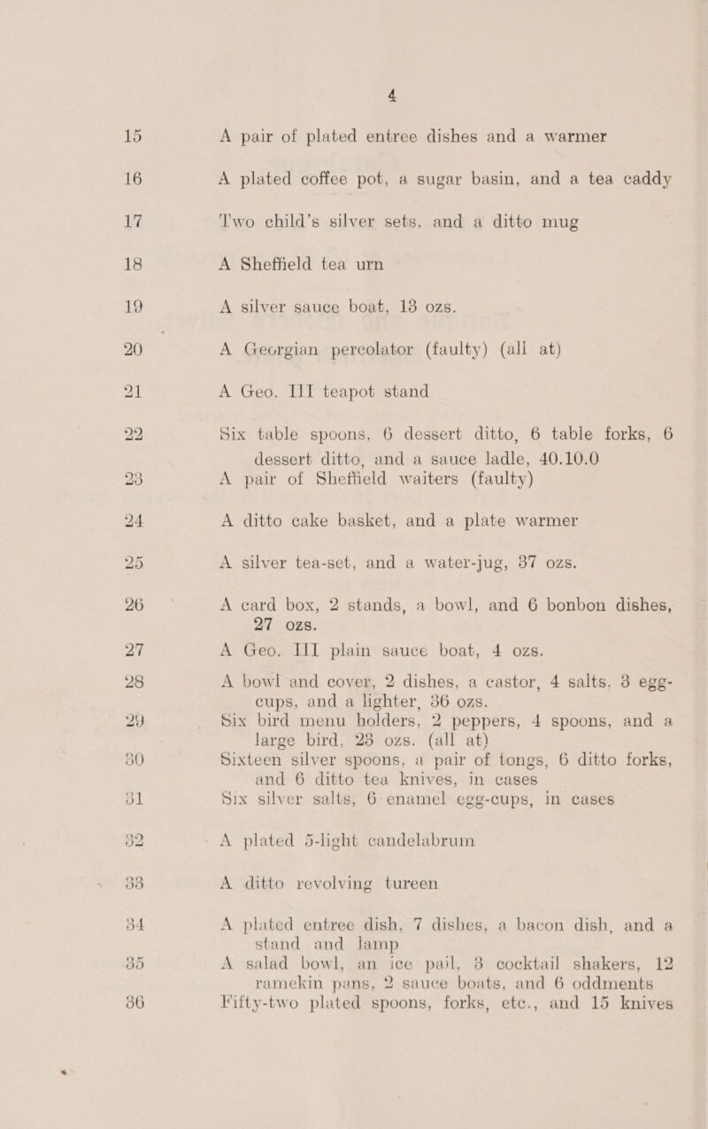 A pair of plated entree dishes and a warmer A plated coffee pot, a sugar basin, and a tea caddy Two child’s silver sets, and a ditto mug A Sheffield tea urn A silver sauce boat, 18 ozs. A Georgian percolator (faulty) (all at) A Geo. HII teapot stand Six table spoons, 6 dessert ditto, 6 table forks, 6 dessert ditto, and a sauce ladle, 40.10.0 A pair of Sheffield waiters (faulty) A ditto cake basket, and a plate warmer A silver tea-set, and a water-jug, 37 ozs. A card box, 2 stands, a bowl, and 6 bonbon dishes, 27 ozs. A Geo. III plain sauce boat, 4 ozs. A bowl and cover, 2 dishes, a castor, 4 salts, 8 egg- cups, and a lighter, 36 ozs. Six bird menu holders, 2 peppers, 4 spoons, and a large bird, 28 ozs. (all at) Sixteen silver spoons, a pair of tongs, 6 ditto forks, and 6 ditto tea knives, in cases Six silver salts, 6 enamel egg-cups, in cases A plated 5-light candelabrum. A ditto revolving tureen A plated entree dish, 7 dishes, a bacon dish, and a stand and lamp A salad bowl, an ice pail, 8 cocktail shakers, 12 ramekin pans, 2 sauce boats, and 6 oddments Fifty-two plated spoons, forks, etc., and 15 knives