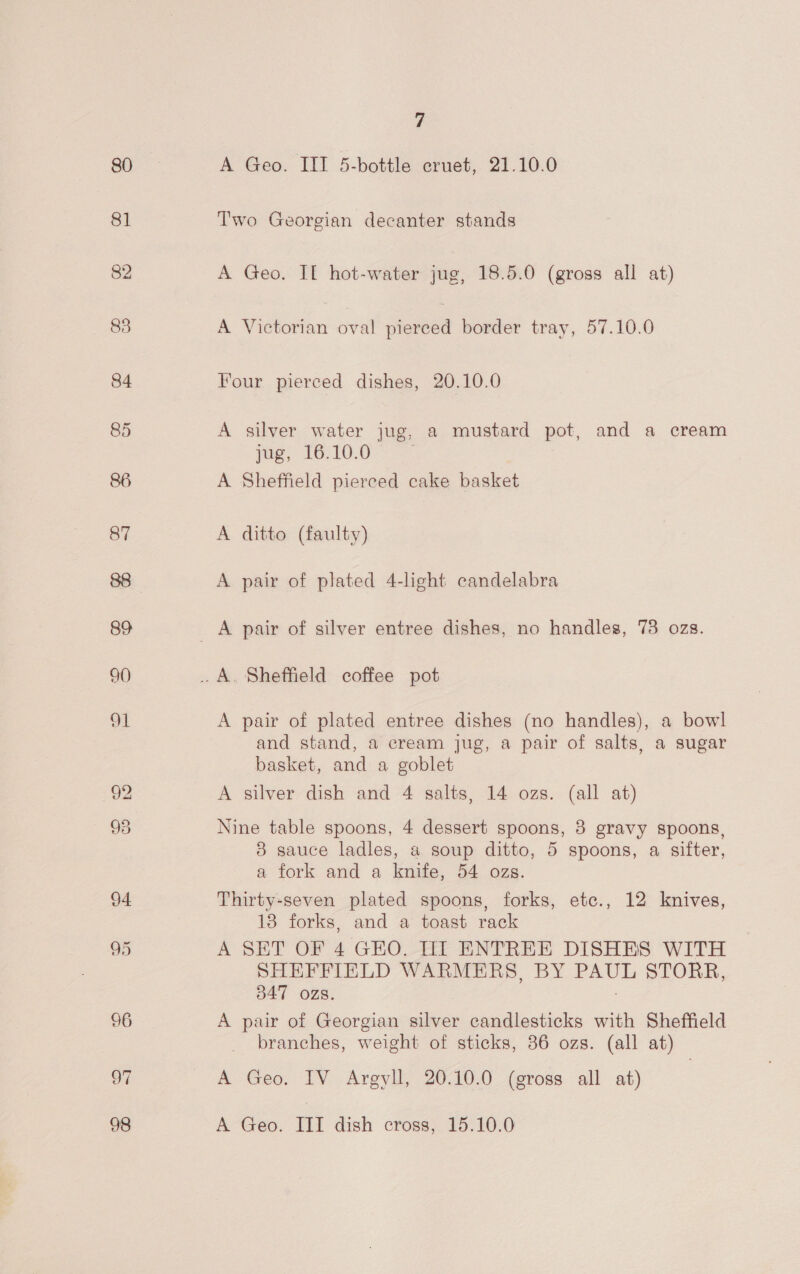 80 81 ot 98 7 A Geo. III 5-bottle cruet, 21.10.0 Two Georgian decanter stands A Geo. IL hot-water jug, 18.5.0 (gross all at) A Victorian oval conead border tray, 57.10.0 Four pierced dishes, 20.10.0 A silver water jug, a mustard pot, and a cream jug, 16.10.0 | A Sheffield pierced cake basket A ditto (faulty) A pair of plated 4-light candelabra A pair of plated entree dishes (no handles), a bowl and stand, a cream jug, a pair of salts, a sugar basket, and a goblet A silver dish and 4 salts, 14 ozs. (all at) Nine table spoons, 4 dessert spoons, 8 gravy spoons, 8 sauce ladles, a soup ditto, 5 spoons, a sitter, a fork and a knife, 54 ozs. Thirty-seven plated spoons, forks, etc., 12 knives, 18 forks, and a toast rack A SET OF 4 GEO. Ill ENTREE DISHES WITH SHEFFIELD WARMERS, BY PAUL STORR, 347 ozs. A pair of Georgian silver candlesticks with Sheffield branches, weight of sticks, 86 ozs. (all at) A Geo. IV Argyll, 20.10.0 (gross all at) A Geo. III dish cross, 15.10.0