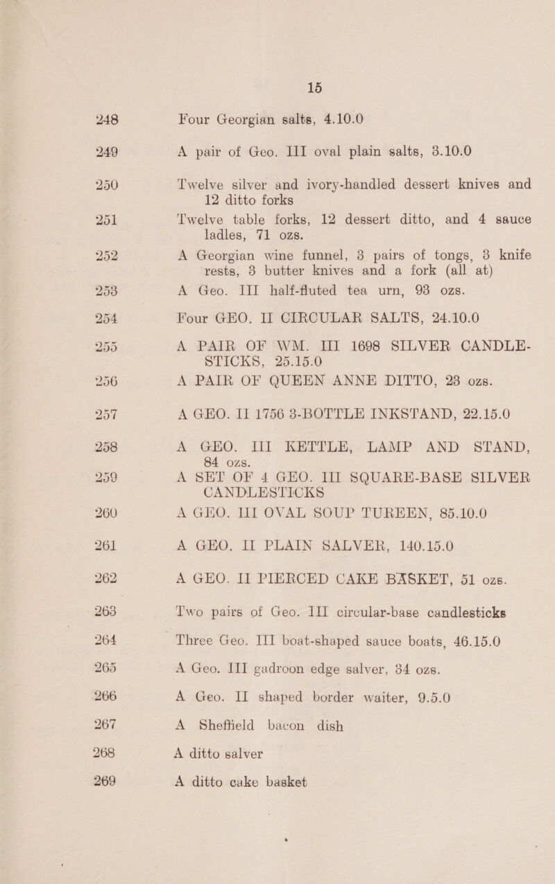 Four Georgian salts, 4.10.0 A pair of Geo. III oval plain salts, 3.10.0 Twelve silver and ivory-handled dessert knives and 12 ditto forks Twelve table forks, 12 dessert ditto, and 4 sauce ladles, 71 ozs. A Georgian wine funnel, 8 pairs of tongs, 3 knife ‘rests, 8 butter knives and a fork (all at) A Geo. III half-fluted tea urn, 93 ozs. Four GEO. II CIRCULAR SALTS, 24.10.0 A PAIR OF WM. ITI 1698 SILVER CANDLE- SLICKS,. 25.15:0 A PAIR OF QUEEN ANNE DITTO, 23 ozs. A GEO. II 1756 3-BOTTLE INKSTAND, 22.15.0 A GHO. UI KETTLE, LAMP AND STAND, 84 ozs. A SET OF 4 GEO. IIT SQUARE-BASE SILVER CANDLESTICKS A GEO. II OVAL SOUP TUREEN, 85.10.0 A GEO. II PLAIN SALVER, 140.15.0 A GHO. II PIERCED CAKE BASKET, 51 ozs. Two pairs of Geo. III circular-base candlesticks A Geo. II shaped border waiter, 9.5.0 A Shefheld bacon dish A ditto salver A ditto cake basket