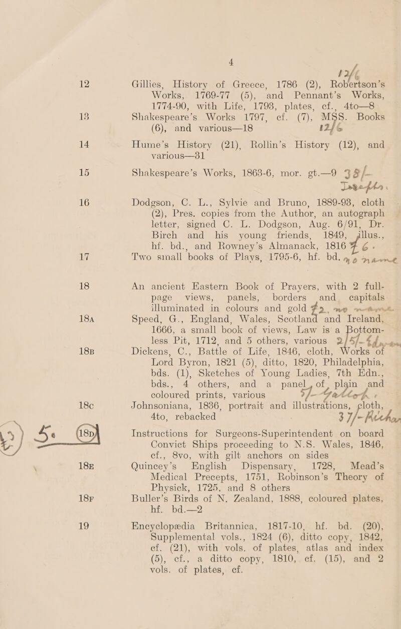 12 18 14 15 16 Li 18 184 188 4 12/, Gilhes, History of Greece, 1786 (2), Robertson’s Works, 1769-77 (5), and Pennant’s Works, 1774-90, with Life, 1793, plates, cf., 4to—8 Shakespeare’s Works 1797, cf. (7), MSS. Books (6), and various—18 2] > Hume’s History (21), Rollin’s History (12), and various—31 Shakespeare’s Works, 1863-6, mor. gt.—9 38/- Dodgson, C. L., Sylvie and Bruno, 1889-98, cloth (2), Pres. copies from the Author, an autograph letter, signed C. L. Dodgson, Aug. 6/91, Dr. Birch and his young friends, 1849, allus., hf. bd., and Rowney’s Almanack, 1816 7% ¢. Two small books of Plays, 1795-6, hf. bd. my s,4+nr¢ An ancient Hastern Book of Prayers, with 2 full- page views, panels, borders and_ capitals illuminated in colours and gold #2, me yt. Speed, G., England, Wales, Scotland and Ireland, 1666, a small book of views, Law is’ a ottom- less Pit, 1712, and 5 others, various 2/7. Sh all Dickens, C., Battle of Life, 1846, cloth, Works of Lord Byron, 1821 (5), ditto, 1820, Philadelphia, bds. (1), Sketches of Young Ladies, 7th Edn., bds., 4 others, and a_ panel, of yee and coloured prints, various -— Se Let é Johnsoniana, 1836, portrait and illustrations, cloth, Ato, rebacked | 3 7/- Recher Instructions for Surgeons-Superintendent on board Convict Ships proceeding to N.S. Wales, 1846, cf., 8vo, with gilt anchors on sides Quincey’s English Dispensary, 1728, Mead’s Medical Precepts, 1751, Robinson’s Theory of Physick, 1725, and 8 others Buller’s Birds of N. Zealand, 1888, coloured plates, hf. bd.—2 Encyclopedia Britannica, 1817-10, hf. bd. (20), Supplemental vols., 1824 (6), ditto copy, 1842, ef. (21), with vols. of plates, atlas and index (5), cf., a ditto copy, 1810,. cf. (15), and 2 vols. of plates, cf.