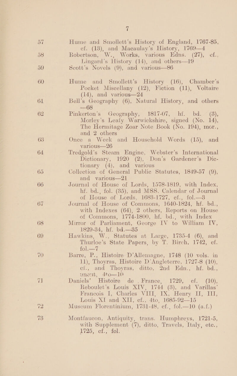 ( Hume and Smollett’s History of England, 1767-85, cf. (18), and Macaulay’s History, 1769—4 Robertson, W., Works, various Tidns. (27), ef., Lingard’s History (14), and others—19 Scott’s Novels (9), and various—86 Hume and Smollett’s History (16), Chamber’s Pocket Miscellany (12), Fiction (11), Voltaire (14), and various—24 Bell’s Geography (6), Natural History, and others —68 Pinkerton’s Geography, 1817-07, hf. bd. (8), Morley’s Leafy Warwickshire, signed (No. 14), The Hermitage Zoar Note Book (No. 194), mor., and 2 others Once a Week and Household Words (15), and varlous—26 Tredgold’s Steam Engine, Webster’s International Dictionary, 1920 (2), -Don’s Gardener’s Dic- tionary (4), and various Collection of General Public Statutes, 1849-57 (9), and various—21 Journal of House of Lords, 1578-1819, with Index, hf. bd., fol. (85), and MSS. Calendar of Journal of House of Lords, 1688-1727, ctf., fol._—? Journal of House of Commons, 1640-1824, hf. bd., with Indexes (64), 2 others, Reports on House of Commons, 1774-1800, hf. bd., with Index Mirror of Parliament, George IV to William IV, 1829-384, hf. bd.—85 Hawkins, W., Statutes at Large, 1735-4 (6), and Thurloe’s State Papers, by T. Birch, 1742, ef. fol.—7 Barre, P., Histoire-D’Allemagne, 1748 (10 vols. in 11), Thoyras, Histoire D’Angleterre, 1727-8 (10), cr., end Thoyras, ditto, 2ad Edm “ht. bd., unent, 4to—10 Daniels’ Histoire de . France, 1729, cf. (10), Reboulet’s Louis XIV, 1744 (8), and Varillas’ Francois. } Chartes” VElt- 1X, Elenry 11, - LL, Louis XI and XII, cf., 4to, 1685-92—15 Museum Florentinium, 1781-48, cf., fol.—10 (a.f.) Montfaucon, Antiquity, trans. Humphreys, 1721-5, with Supplement (7), ditto, Travels, Italy, etc., igo; Cl. wel