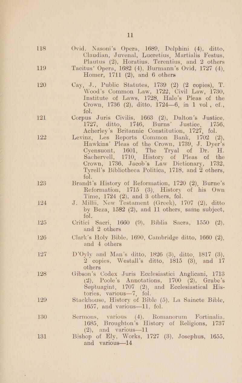 118 131 11 Ovid, Nasoni’s Opera, 1689, Delphini (4), ditto, Claudian, Juvenal, Lucretius, Martialis Festus, Plautus (2), Horatius, Terentius, and 2 others Tacitus’ Opera, 1682 (4), Burmann’s Ovid, 1727 (4), Homer, 1711 (2), and 6 others Cay, J., Public Statutes; 1739 (2) (2 copies), T. Wood’s Common Law, 1722, Civil Law, 17380, Institute of Laws, 1728, Hale’s Pleas of the Crown, 1786 (2), ditto, 1724—6, in 1 vol, et., fol. Corpus Juris Civils, 1663 (2), Dalton’s Justice, 1727; ditto, 146, Burns’. Justice, ~ 1756, Acherley’s Britannic Constitution, 1727, fol. Levinz, Les Reports Common Bank, 1702 (2), Hawkins’ Pleas of the Crown, 1739, J. Dyer’s Cyensuont, 1601, The Tryal of Dr. 4H. Bachervell, L710; Eustery of Fleas.-of the Crown, 17386, Jacob’s Law Dictionary, 1732, Tyrell’s Bibliotheca Politica, 1718, and 2 others, fol. Brandt's History of Reformation, 1720 (2), Burne’s Reformation, 1715 (8), History of his Own Time, 1724 (2), and 8 others, fol. J. Millii, New Testament (Greek), 1707 (2), ditto by Beza, 1582 (2), and 11 others, same subject, fol. Critici Sacri, 1660 (9), Biblia Sacra, 1550 (2), and 2 others Clark’s Holy Bible, 1690, Cambridge ditto, 1660 (2), and 4 others D’Oyly and Man’s ditto, 1826 (8), ditto, 1817 (8), 2 copies, Westall’s ditto, 1815 (8), and 17 others Gibson’s Codex Juris Heclesiastici Anglicani, 1718 (2), Poole’s Annotations, 1700 (2), Grabe’s Septuagint, 1707 (2), and LHcclesiastical His- . tories, various—7, fol. Stackhouse, History of Bible (5), La Saincte Bible, 1657, and various—11;Tolk. Sermons, various (4), Romanorum Fortinalia, 1685, Broughton’s History of Religions, 1737 (2), and various—11 Bishop of Ely, Works, 1727 (8), Josephus, 1655, and various—14