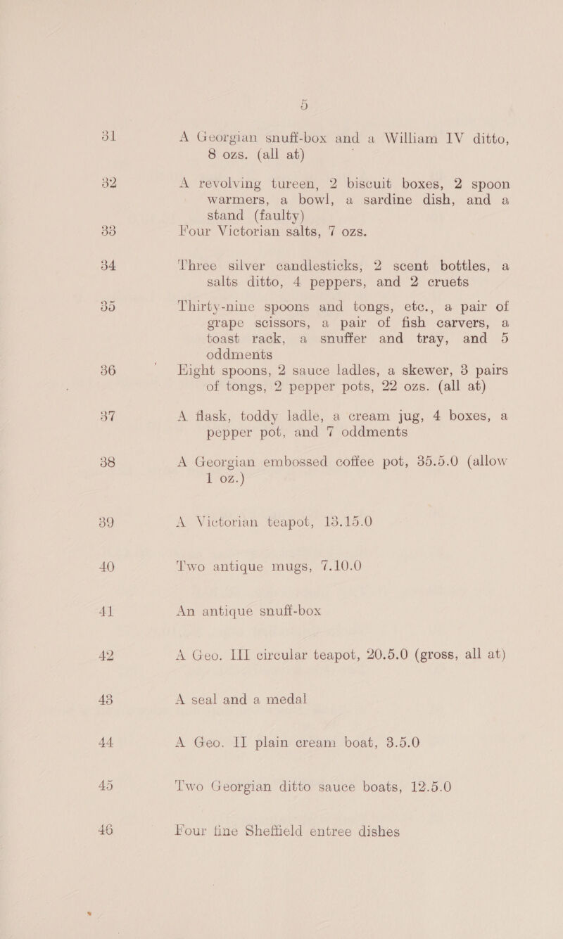36 37 38 pe ov A Georgian snuff-box and a William IV ditto, 8 ozs. (all at) A revolving tureen, 2 biscuit boxes, 2 spoon warmers, a bowl, a sardine dish, and a stand (faulty) Four Victorian salts, 7 ozs. Three silver candlesticks, 2 scent bottles, a salts ditto, 4 peppers, and 2 cruets Thirty-nine spoons and tongs, etc., a pair of grape scissors, a pair of fish carvers, a toast rack, a snuffer and tray, and 5 oddments Eight spoons, 2 sauce ladles, a skewer, 3 pairs of tongs, 2 pepper pots, 22 ozs. (all at) A flask, toddy ladle, a cream jug, 4 boxes, a pepper pot, and 7 oddments A Georgian embossed coffee pot, 35.5.0 (allow T7oz.} A Victorian teapot, 13.15.0 Two antique mugs, 7.10.0 An antique snuff-box A Geo. III circular teapot, 20.5.0 (gross, all at) A seal and a medal A Geo. II plain cream boat, 3.5.0 Two Georgian ditto sauce boats, 12.5.0 Four tine Sheffield entree dishes