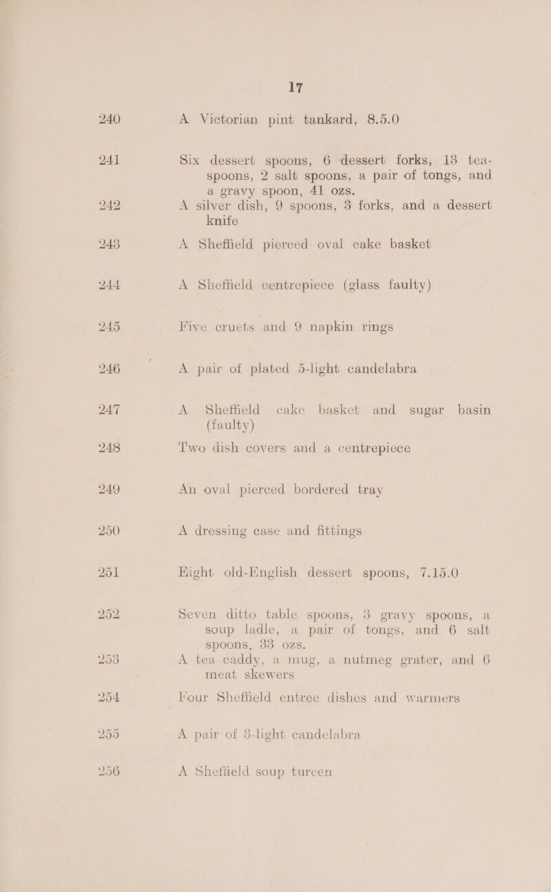 A Victorian pint tankard, 8.5.0 Six dessert spoons, 6 dessert forks, 18 tea- spoons, 2 salt spoons, a pair of tongs, and a gravy spoon, 41 ozs. A silver dish, 9 spoons, 3 forks, and a dessert knife A Sheffield pierced oval cake basket A Sheffield centrepiece (glass faulty) Five cruets and 9 napkin rings A pair of plated 5-light candelabra A Sheffield cake basket and sugar basin (faulty) Two dish covers and a centrepiece An oval pierced bordered tray A dressing case and fittings Hight old-lMnglish dessert spoons, 7.15.0 ) Seven ditto table spoons, 8 gravy spoons, a soup ladle, a pair of tongs, and 6 salt spoons, 33 ozs. A tea caddy, a mug, a nutmeg grater, and 6 meat skewers Four Shetteld entree dishes and warmers A pair of 3-lght candelabra A Sheffield soup tureen