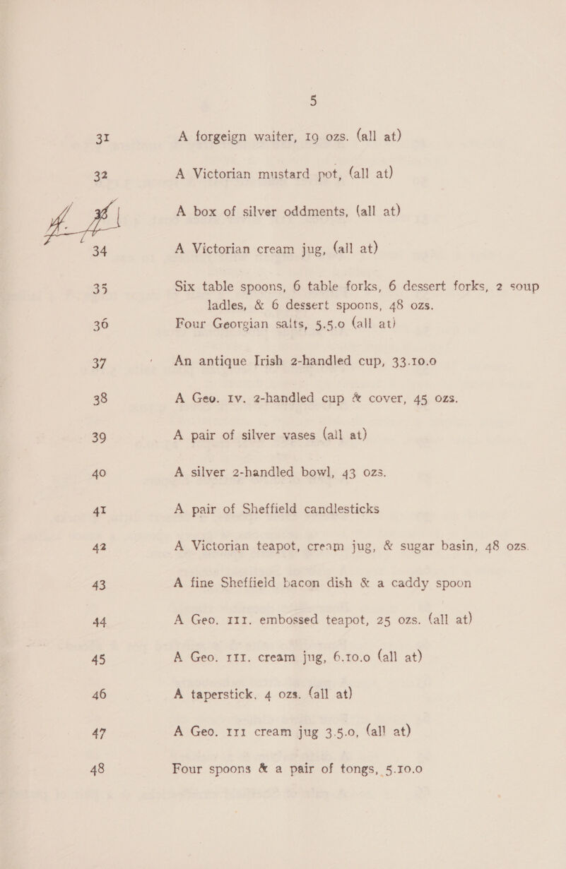 ar A forgeign waiter, 19 ozs. (all at) A Victorian mustard pot, (all at) A box of silver oddments, (all at) A Victorian cream jug, (all at) Six table spoons, 6 table forks, 6 dessert forks, 2 soup ladies, &amp; 6 dessert spoons, 48 ozs. Four Georgian salts, 5.5.0 (all at) An antique Irish 2-handled cup, 33.10.0 A Geo. Iv. 2-handled cup &amp; cover, 45 ozs. A pair of silver vases (all at) A silver 2-handled bowl, 43 ozs. A pair of Sheffield candlesticks A Victorian teapot, cream jug, &amp; sugar basin, 48 ozs. A fine Sheffield bacon dish &amp; a caddy spoon A Geo. 111. embossed teapot, 25 ozs. (all at) A Geo. rIz. cream jug, 6.10.0 (all at) A taperstick, 4 ozs. (all at) A Geo. trz cream jug 3.5.0, (all at) Four spoons &amp; a pair of tongs, 5.10.0