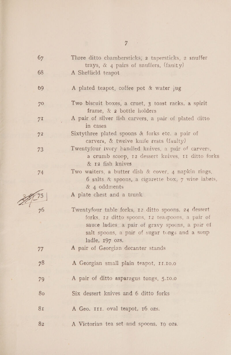 67 68 09 70. yee 72 pe 74 77 78 79 80 81 82 7 Three ditto chambersticks, 2 tapersticks, 2 snuffer trays, &amp; 4 pairs of snuffers, (fauit y) A Sheffield teapot A plated teapot, coffee pot &amp; water jug Two biscuit boxes, a cruet, 3 toast racks, a spirit frame, &amp; 2 bottle holders A pair of silver fish carvers, a pair of plated ditto in cases Sixtythree plated spoons &amp; forks etc. a pair of carvers, &amp; twelve knife rests (faulty) Twentyfour ivory handled knives, a pair of carvers, a crumb scoop, 12 dessert knives, 11 ditto forks &amp; 12 fish knives Two waiters, a butter dish &amp; cover, 4 napkin rings, 6 salts &amp; spoons, a cigarette box, 7 wine labels, &amp; 4 oddments A plate chest and a trunk Twentyfour table forks, 12 ditto spoons, 24 dessert forks, 12 ditto spoons, 12 teaspoons, a pair of sauce ladies. a pair of gravy spoons, a pair of salt spoons, a pair of sugar tongs and a soup ladle, 197 ozs. A pair of Georgian decanter stands A Georgian small plain teapot, I1.10.0 A pair of ditto asparagus tongs, 5.20.0 Six dessert knives and 6 ditto forks A Geo. Irr. oval teapot, 16 ozs. A Victorian tea set and spoons, I9 ozs.