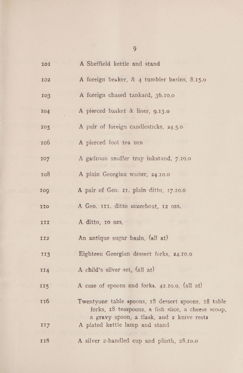 rol 102 103 104 105 106 107 108 109 IIo YIT iiZ 113 1I4 115 It6 177 118 9 A Sheffield kettle and stand A foreign beaker, &amp; 4 tumbler basins, 8.15.0 A foreign chased tankard, 36.10.0 A pierced basket &amp; liner, 9.13.0 A pair of foreign candlesticks, 24.5.0 A pierced foot tea urn A gadroon snuffer tray inkstand, 7.10.0 A plain Georgian waiter, 24.10.0 A pair of Geo. 11. plain ditto, 17.10.0 A Geo. III. ditto sauceboat, 12 02s. A ditto, 10 02s, An antique sugar basin, (all at) Fighteen Georgian dessert forks, 24.10.0 A child's silver set, (all at) A case of spoons and forks, 42.10.0, (all at) Twentyone table spoons, 18 dessert spoons, 18 table forks, 18 teaspoons, a fish slice, a cheese scoop, a gravy spoon, a flask, and 2 knive rests A plated kettle lamp and stand A silver 2-handled cup and plinth, 28.10.0