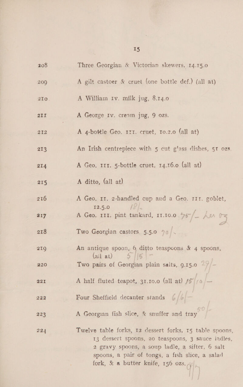208 209 2irI 212 213 214 215 216 217 218 219 220 221 222 223 224 15 Three Georgian &amp; Victorian skewers, 14.15.0 A gilt castoer &amp; cruet (one bottle def.) (all at) A William tv. milk jug, 8.14.0 A George Iv. cream jug, 9 ozs. A 4-bottle Geo. 121. cruet, to.2.0 (all at) An Irish centrepiece with 5 cut g'ass dishes, 51 ozs. A Geo. 111. 5-bottle cruet, 14.16.0 (all at) A ditto, (all at) A Geo, 11. 2-handled cup and a Geo. rir. goblet, 12.5.0 A Geo. 111. pint tankard, 11.10.0.4¢-/_ As tre Two Georgian castors, 5.5.0 An antique spoon, 6 ditto teaspoons &amp; 4 spoons, (ail at) Cam Two pairs of Georgian plain salts, 9.15.0 A half fluted teapot, 31.10.0 (all at) s/o /— Four Sheffield decanter stands A Georgian fish slice, &amp; snuffer and tray Twelve table forks, 12 dessert forks, 15 table spoons, 13 dessert spoons, 20 teaspoons, 3 sauce iadles, 2 gravy spoons, a soup ladle, a sifter, 6 salt spoons, a pair of tongs, a fish slice, a salad fork, &amp; a butter knife, 156 O28. Af]