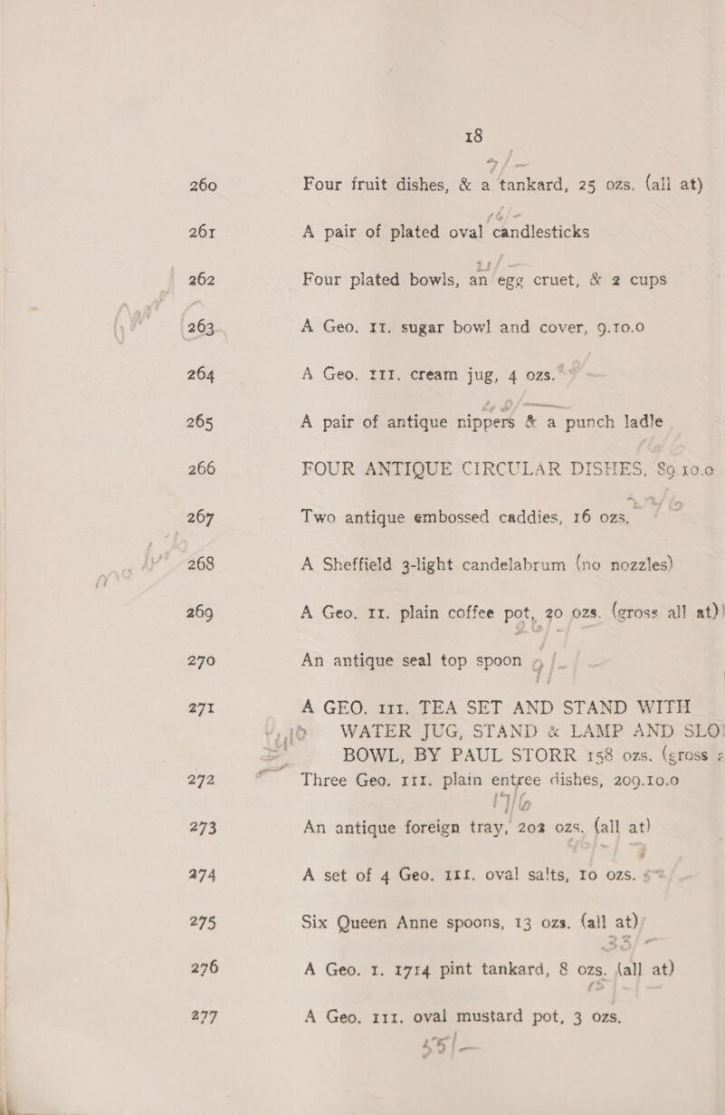 260 261 262 264 265 266 268 269 270 271 272 273 274 275 276 277 18 Four fruit dishes, &amp; cL oer 25 ozs. (all at) A pair of plated oval pr kero Four plated bowls, =. egg cruet, &amp; 2 cups A Geo, 11. sugar bowl] and cover, 9.10.0 A Geo. III. cream jug, 4 ozs. A pair of antique ete &amp; a punch ladle FOUR ANTIQUE CIRCULAR DISHES, 89.10. Two antique embossed caddies, 16 02s, ge A Sheffield 3-light candelabrum (no nozzles) A Geo. 11. plain coffee pot, 20 ozs. (gross all at)! An antique seal top spoon 0 . A GEO. 111. TEA SET AND STAND WITH BOWL, BY PAUL STORR 158 ozs. (gross ¢ Three Geo. 111, plain entree dishes, 209.10.0 F r ilig ’ , 7 Viz An antique foreign tray, 202 ozs. (all at) -/ A set of 4 Geo. 111. oval salts, To ozs, ¢@ Six Queen Anne spoons, 13 ozs. (all at) A Geo. 1. 1714 pint tankard, 8 ozs. {all at) “ A Geo. 111. oval mustard pot, 3 ozs. ; a 7 675 |