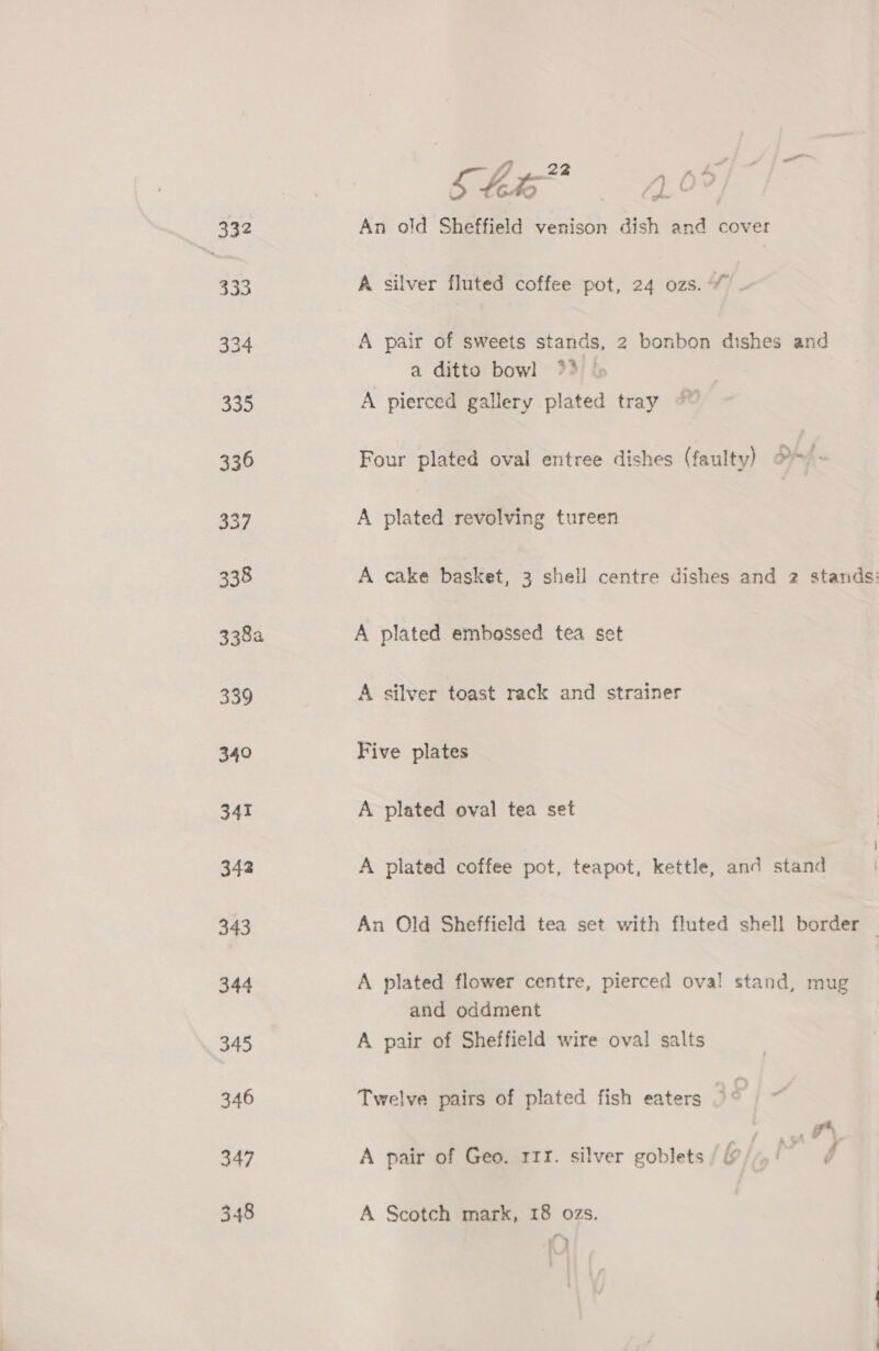 Shir ay 3 | A. ( A 332 An old Sheffield venison dish and cover 333 A silver fluted coffee pot, 24 ozs. 334 A pair of sweets stands, 2 bonbon dishes and a ditto bowl 9 | 335 A pierced gallery plated tray 336 Four plated oval entree dishes (faulty) 2+’ - 337 A plated revolving tureen 338 A cake basket, 3 shell centre dishes and 2 stands: 3384 A plated embossed tea set 339 A silver toast rack and strainer 340 Five plates 341 A plated oval tea set | 342 A plated coffee pot, teapot, kettle, and stand | 343 An Old Sheffield tea set with fluted shell border — 344 A plated flower centre, pierced oval stand, mug and oddment 345 A pair of Sheffield wire oval salts 346 Twelve pairs of plated fish eaters 347 A pair of Geo. rrr. silver goblets /@/,/ ff 348 A Scotch mark, 18 ozs. - K