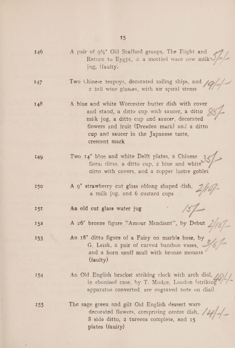 146 A pair of 9%” Old Stafford groups, The Flight and 47 r Return to Eygpt, « a mottled ware cow milk) ” jug, (faulty; 147 Two Chinese teapoys, decorated sailing ships, and (Gpfaf. 2 tall wine glasses, with air spiral stems Os age 148 A blue and white Worcester butter dish with cover - and stand, a ditto cup with saucer, a ditto SG f- milk jug, a ditto cup and saucer, decorated é flowers and fruit (Dresden mark) and a ditto cup and saucer in the Japanese taste, crescent mark 149 Two 14” blue and white Delft plates, a Chinese 357 flora: ditto, a ditto cup, 2 blue and white* f- ditto with covers, and a copper lustre goblet T59 Ag” strawberry cut glass oblong shaped dish, 7 4,97 a milk jug, and 6 custard cups “I6t An old cut glass water jug oe Fy 152 A 26” bronze figure “Amour Mendiant”’, by Debut / Lis Fe 153 An 18” ditto figure of a Fairy on marble base, by , G. Leisk, a pair of carved bamboo vases, — Y and a horn snuff mull with bronze mounts ° (faulty) 154 An Old English bracket striking clock with arch dial, Ws in ebonised case, by T. Mudge, London eine apparatus converted, see engraved note on dial) 155 The sage green and gilt Old English dessert ware decorated flowers, comprising centre dish, Ci, [of 8 side ditto, 2 tureens complete, and 15 plates (faulty) red