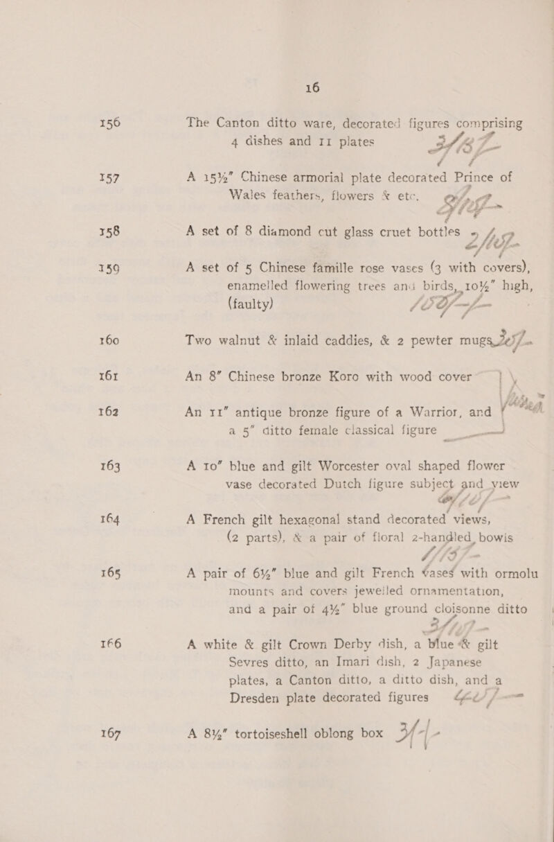 156 157 158 159 160 16x 162 163 164 165 166 167 16 The Canton ditto ware, decorated figures comprising a se 4 Gishes and 11 plates of (57 aan A 15% Chinese armorial plate decorated Prince of Wales feathers, flowers *&amp; etc. oh, M4 oh a é z A set of 8 diamond cut glass cruet bottles 2h A set of 5 Chinese famille rose vases (3 with covers), enamelled flowering trees ani pi ae aE high, (faulty) JO Ys , Two walnut &amp; inlaid caddies, &amp; 2 pewter mugs 2077. An 8” Chinese bronze Koro with wood cover™ } \ An 11 antique b fi fa Warri a (ed que bronze figure of a Warrior, and | a 5” ditto female classical figure ae A 10” blue and gilt Worcester oval shaped flower vase decorated Dutch figure subject pad view OY / Ag, A French gilt hexagonal stand decorated views, (2 parts), &amp; a pair of floral 2- -handled, bowis 4/1 ‘sg A pair of 6%” blue and gilt French ases with ormolu mounts and covers jeweiled ornamentation, and a pair of 4% blue ground cloisonne ditto 3,9 A white &amp; gilt Crown Derby dish, a blue &amp; gilt Sevres ditto, an Imari dish, 2 Japanese plates, a Canton ditto, a ditto dish, and | a Dresden plate decorated figures ty Of fo A 8¥, tortoiseshell oblong box 3f-| ,