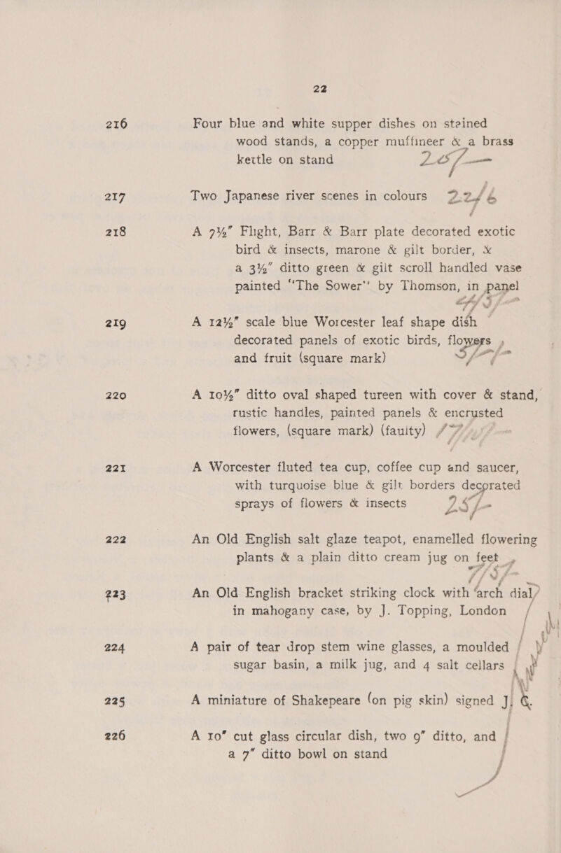 22 216 Four blue and white supper dishes on stained wood stands, a copper muffineer &amp; a brass kertle on stand Wo of — 217 Two Japanese river scenes in colours 22Jb 218 A 7% Flight, Barr &amp; Barr plate decorated exotic bird &amp; insects, marone &amp; gilt border, x a 3%” ditto green &amp; giit scroll handled vase painted “The Sower’’ by Thomson, in papel we fe fy 3 219 A 12¥,” scale blue Worcester leaf shape aith decorated panels of exotic birds, flowers | and fruit (square mark) ae 220 A 10%” ditto oval shaped tureen with cover &amp; stand, rustic handles, painted panels &amp; encrusted Pf mth flowers, (square mark) (fauity) /”~ 22% A Worcester fluted tea cup, coffee cup and saucer, with turquoise blue &amp; gilt borders ie ai sprays of flowers «&amp; insects P as vA of 222 | An Old English salt glaze teapot, enamelled flowering plants &amp; a plain ditto cream jug on feet f 7, ; 'y f 223 An Old English bracket striking clock with ‘arch dial/ in mahogany case, by J. Topping, London / ki 224 A pair of tear drop stem wine glasses, a moulded | | } sugar basin, a milk jug, and 4 salt cellars { i) 225 A miniature of Shakepeare fon pig skin) signed J; 226 A xo” cut glass circular dish, two 9” ditto, ant | a 7” ditto bowl on stand