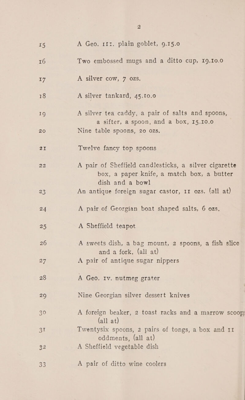 A Geo. 111. plain goblet, 9.15.0 Two embossed mugs and a ditto cup, 19.10.0 A silver tea caddy, a pair of salts and spoons, a sifter, a spoon, and a box, 15.10.0 Nine table spoons, 20 ozs. Twelve fancy top spoons box, a paper knife, a match box, a butter dish and a bowl An antique foreign sugar castor, 11 ozs. (all at) A pair of Georgian boat shaped salts, 6 ozs. A Sheffield teapot A sweets dish, a bag mount, 2 spoons, a fish slice and a fork, (all at) A pair of antique sugar nippers A Geo. Iv. nutmeg grater Nine Georgian silver dessert knives A foreign beaker, 2 toast racks and a marrow scoop (all at) Twentysix spoons, 2 pairs of tongs, a box and rf oddments, (all at) A Sheffield vegetable dish